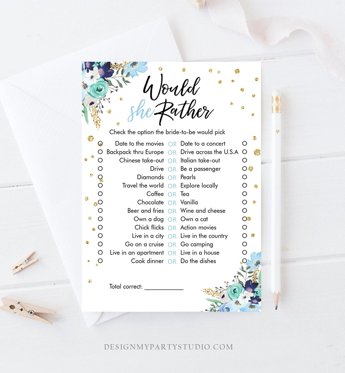 Editable Would She Rather Bridal Shower Game Wedding Shower Activity Floral Blue Gold Confetti Party Corjl Template Printable 0030