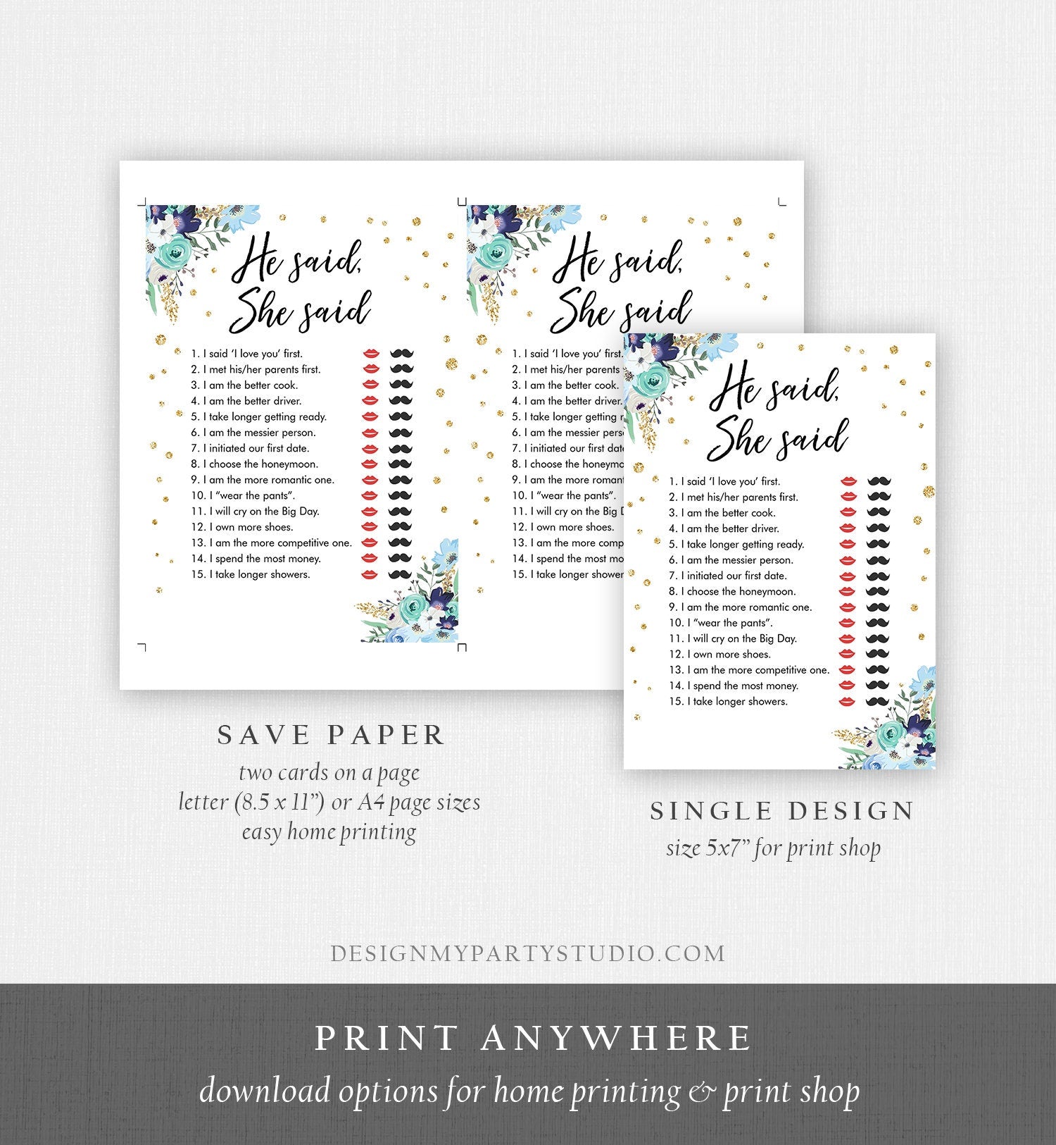 Editable He Said She Said Bridal Shower Game Floral Bride or Groom Wedding Shower Activity Who said it Phrase Corjl Printable 0030