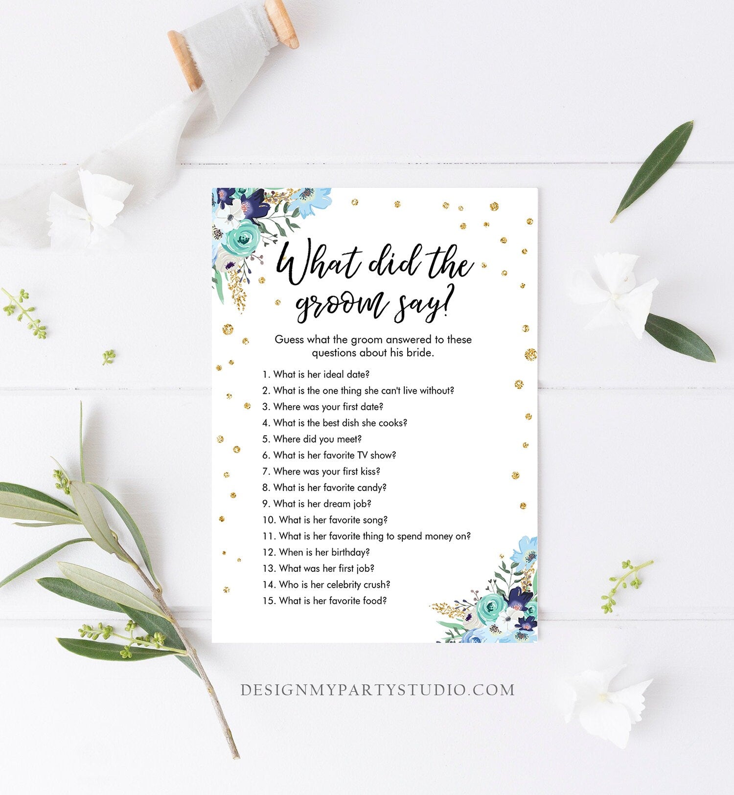 Editable What Did The Groom Say About His Bride Game Bridal Shower Game Blue Floral Gold Confetti Download Corjl Template Printable 0030