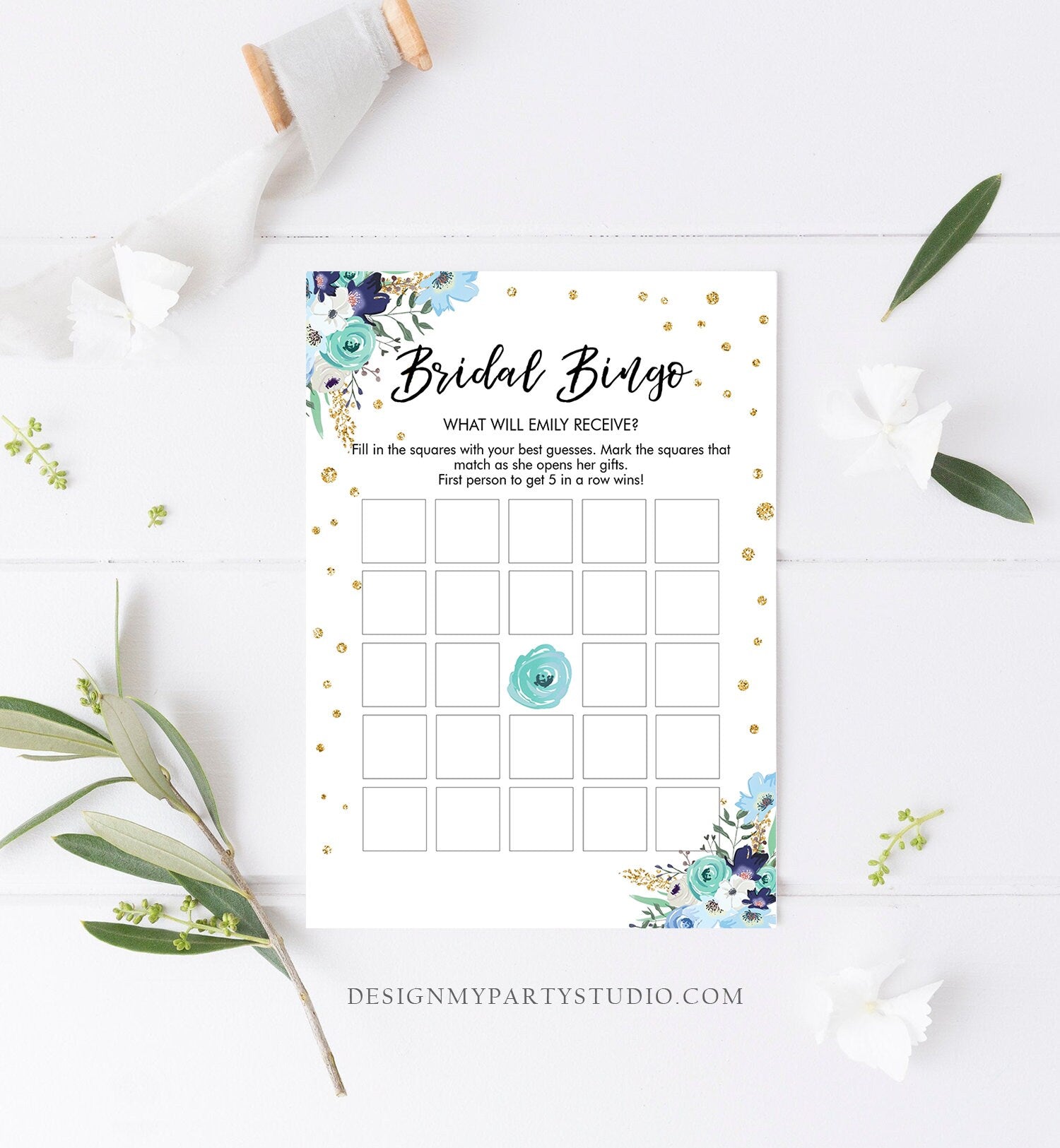 Editable Bingo Bridal Shower Game Wedding Shower Activity Floral Blue Gold Confetti Travel Flowers Download Corjl Template Printable 0030