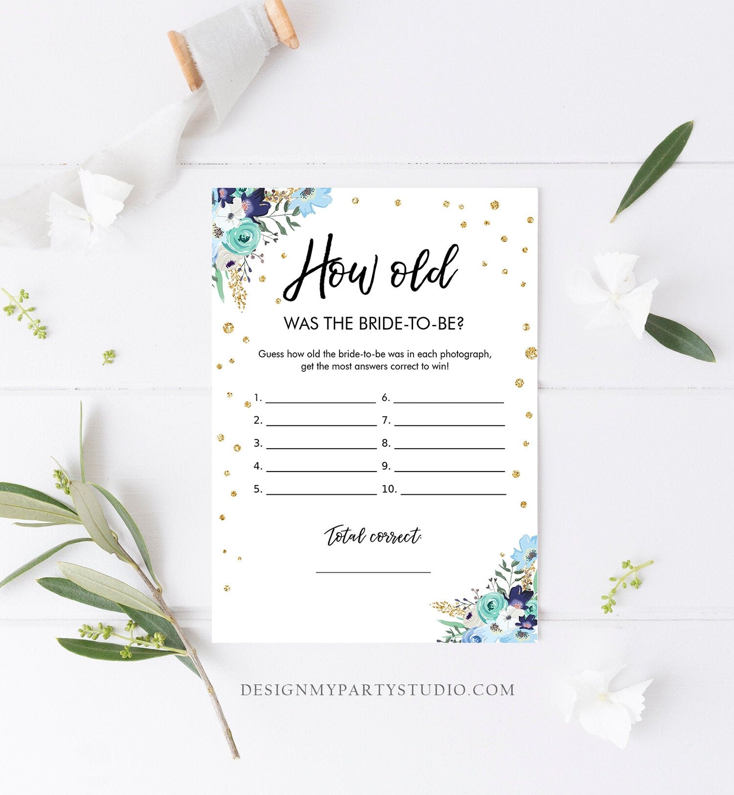 Editable How Old Was The Bride-to-Be Bridal Shower Game Wedding Shower Activity Floral Blue Gold Confetti Corjl Template Printable 0030