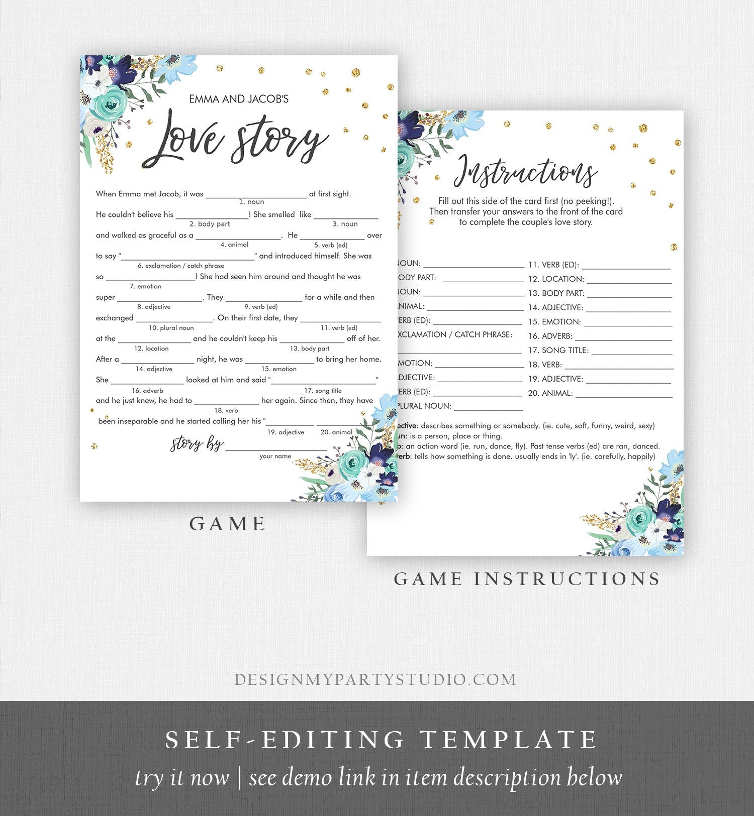 Editable Love Story Bridal Shower Game Funny Blue Floral Gold Confetti Shower Activity Wedding Foliage Download Corjl Template 0030