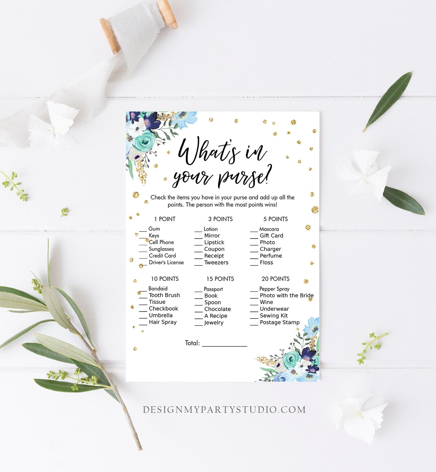 Editable What's in Your Purse Bridal Shower Game Wedding Shower Activity Blue Floral Gold Confetti Flowers Corjl Template Printable 0030