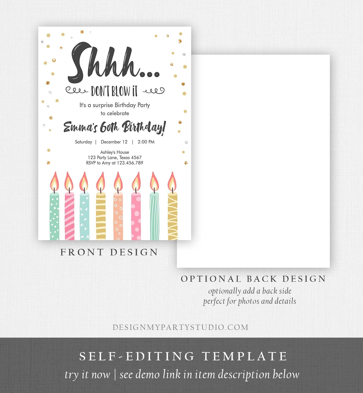 Editable Candles Surprise Birthday Invitation Shhh It's A Surprise Party 30th 40th 50th 60th Adult Download Corjl Template Printable 0277