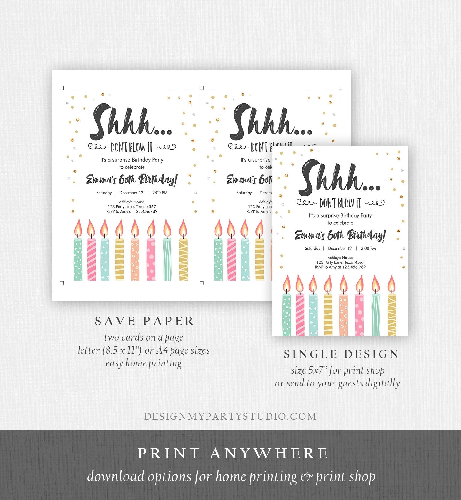 Editable Candles Surprise Birthday Invitation Shhh It's A Surprise Party 30th 40th 50th 60th Adult Download Corjl Template Printable 0277