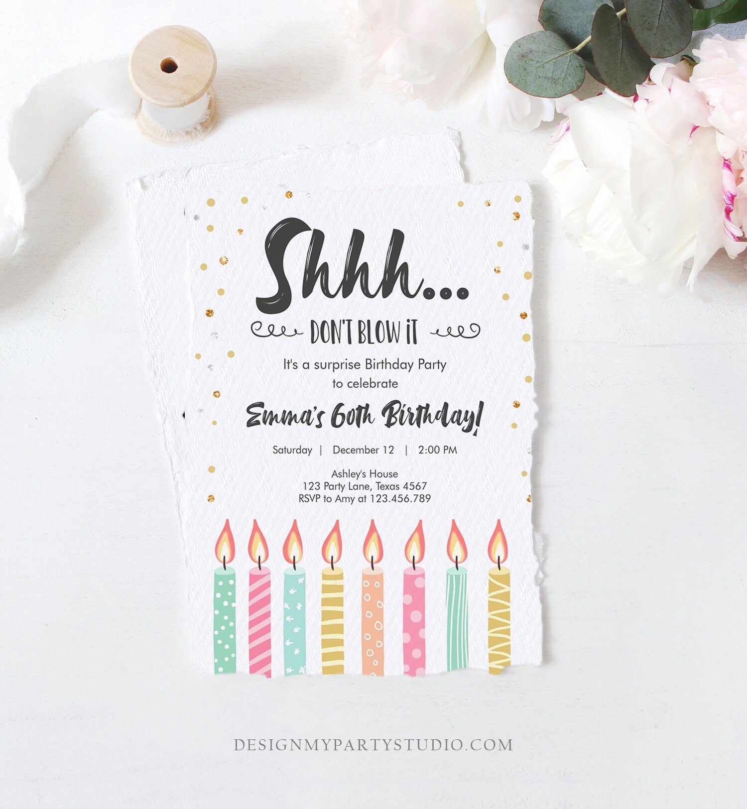 Editable Candles Surprise Birthday Invitation Shhh It's A Surprise Party 30th 40th 50th 60th Adult Download Corjl Template Printable 0277