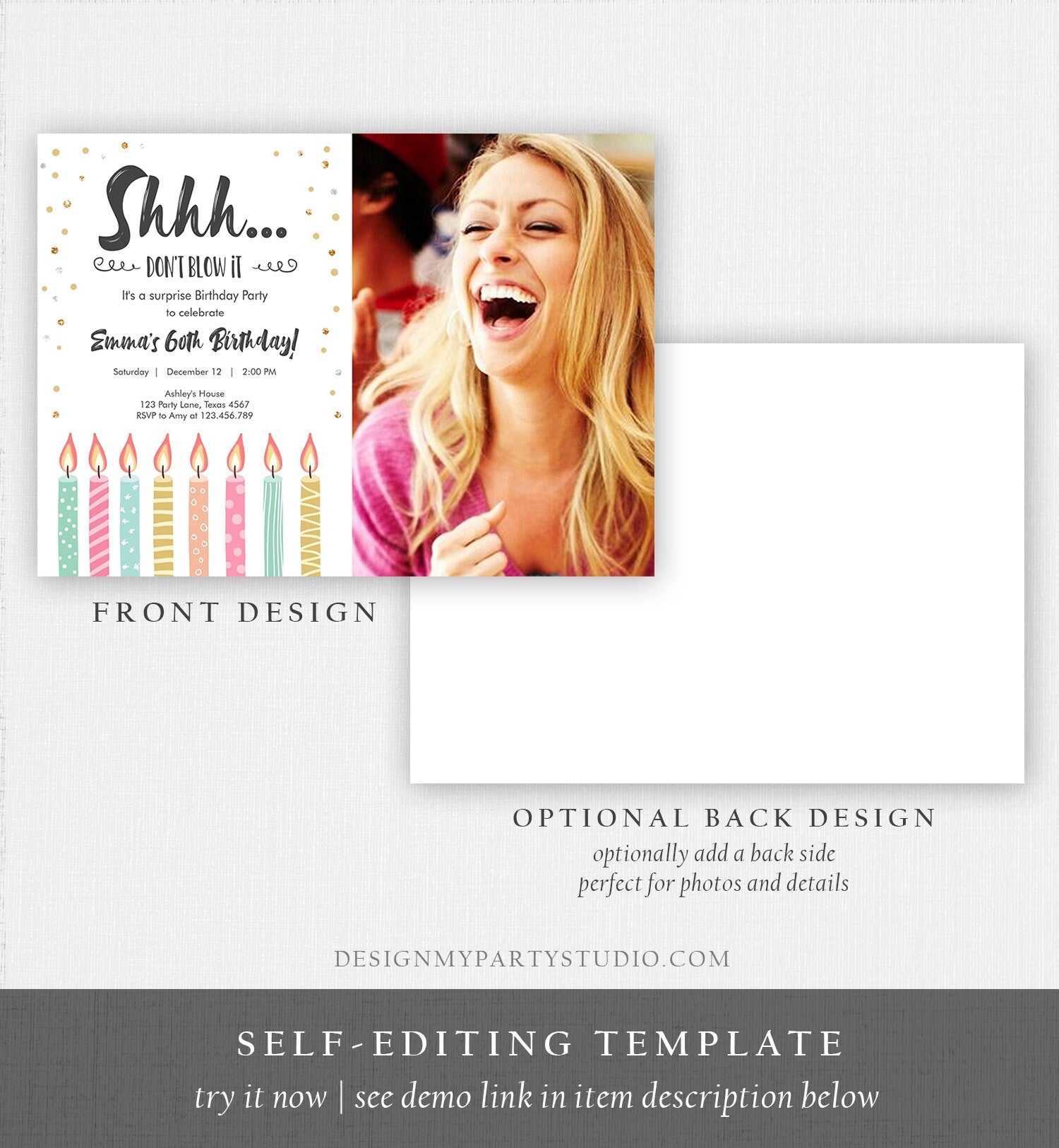 Editable Candles Surprise Birthday Invitation Shhh It's A Surprise Party 30th 40th 50th 60th Adult Digital Download Template Printable 0277