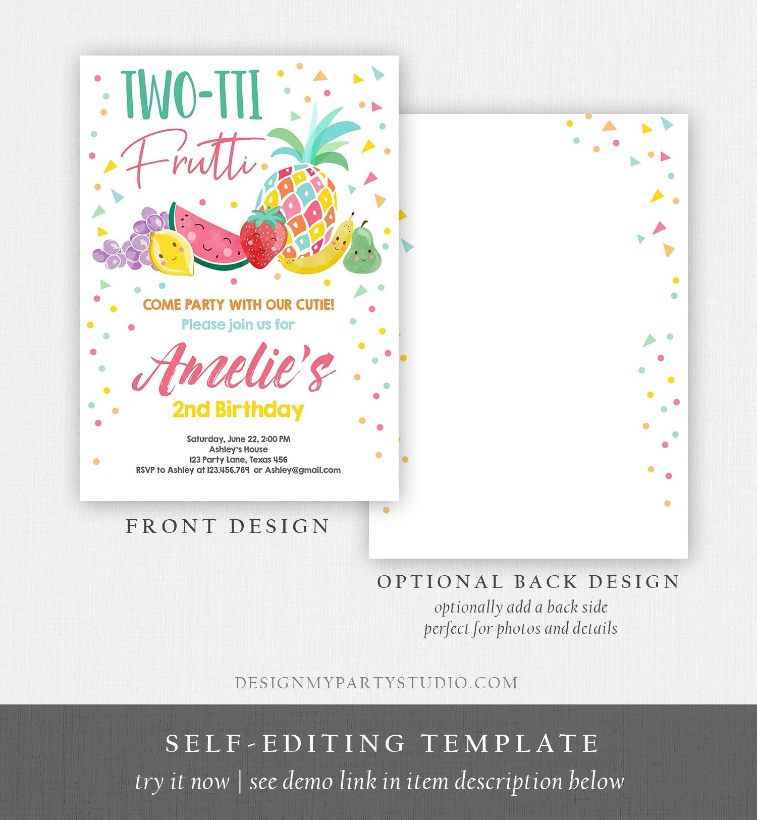 Editable Twotti Frutti 2nd Birthday Invitation Two-tti Fruiti Fruit Invite Tropical Summer Digital Download Template Printable 0139