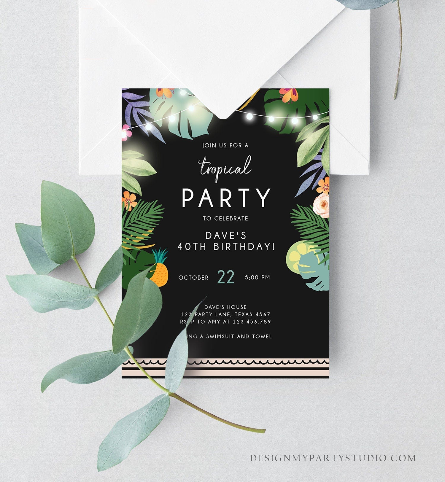 Editable Tropical Birthday Invitation Tropical Party Adult Birthday Man Woman Palm Leaves Hawaiian Download Template Corjl Printable 0183