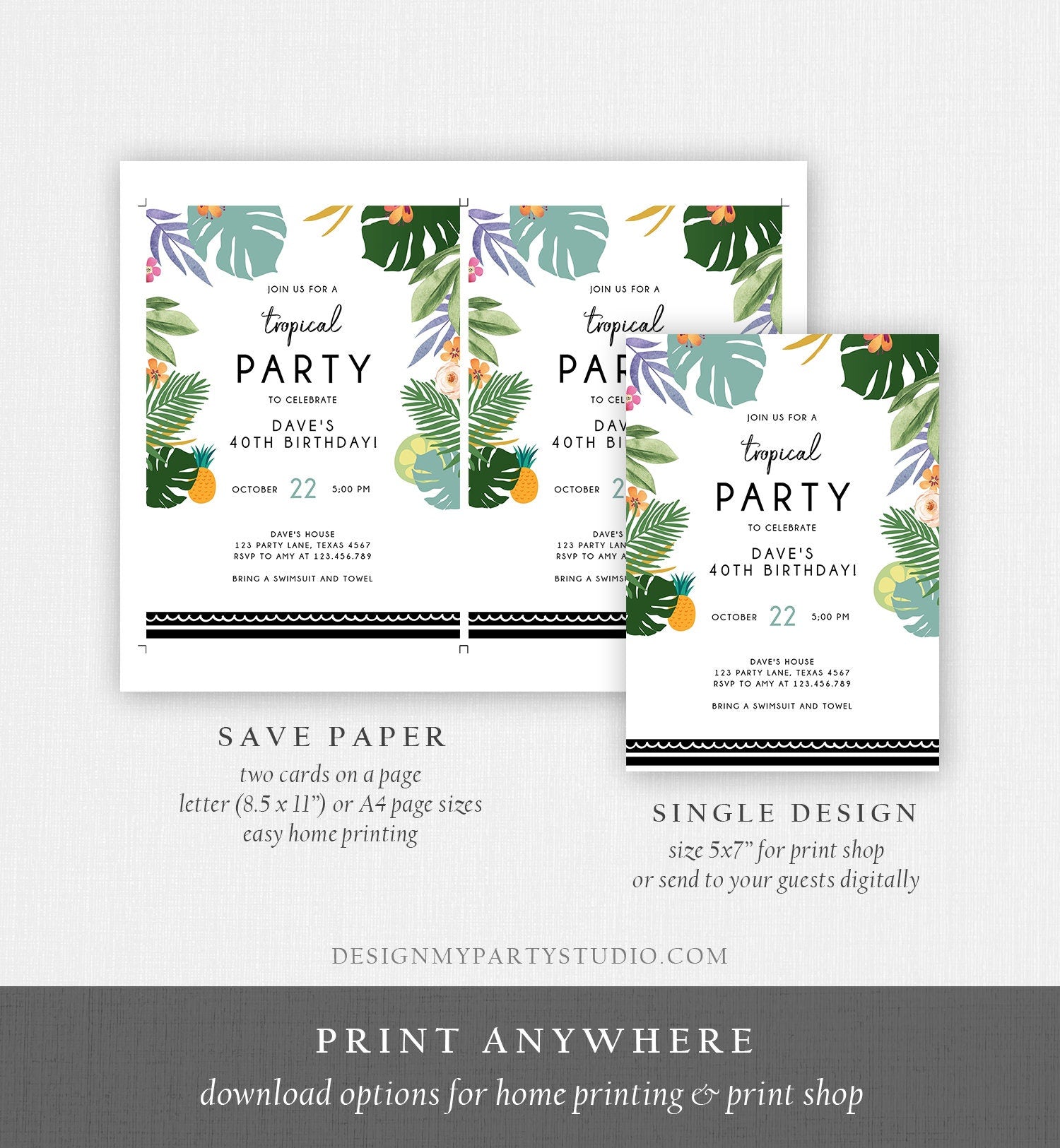 Editable Tropical Birthday Invitation Tropical Party Adult Birthday Woman Man Palm Leaves Hawaiian Download Printable Template Corjl 0183