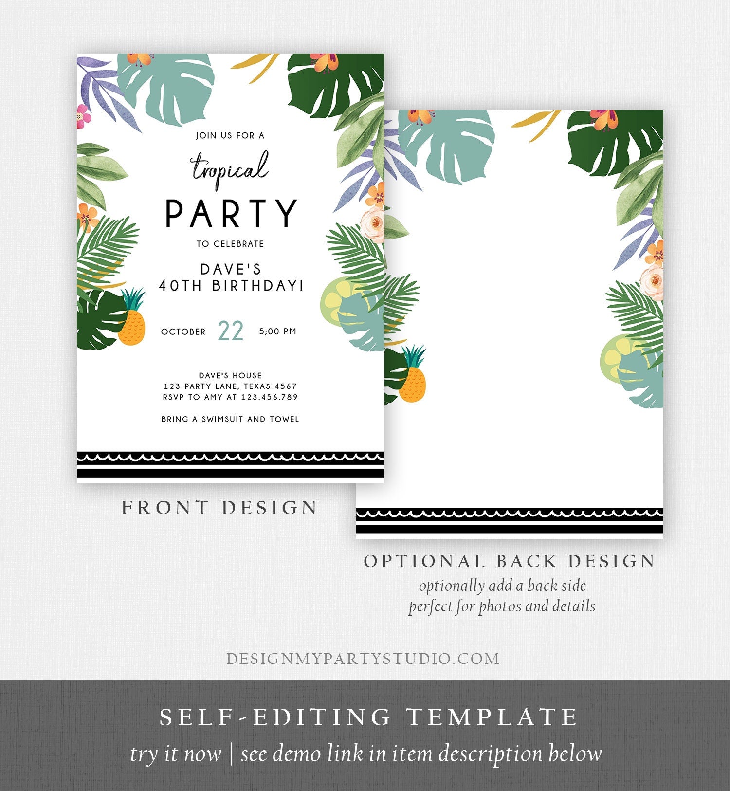 Editable Tropical Birthday Invitation Tropical Party Adult Birthday Woman Man Palm Leaves Hawaiian Download Printable Template Corjl 0183