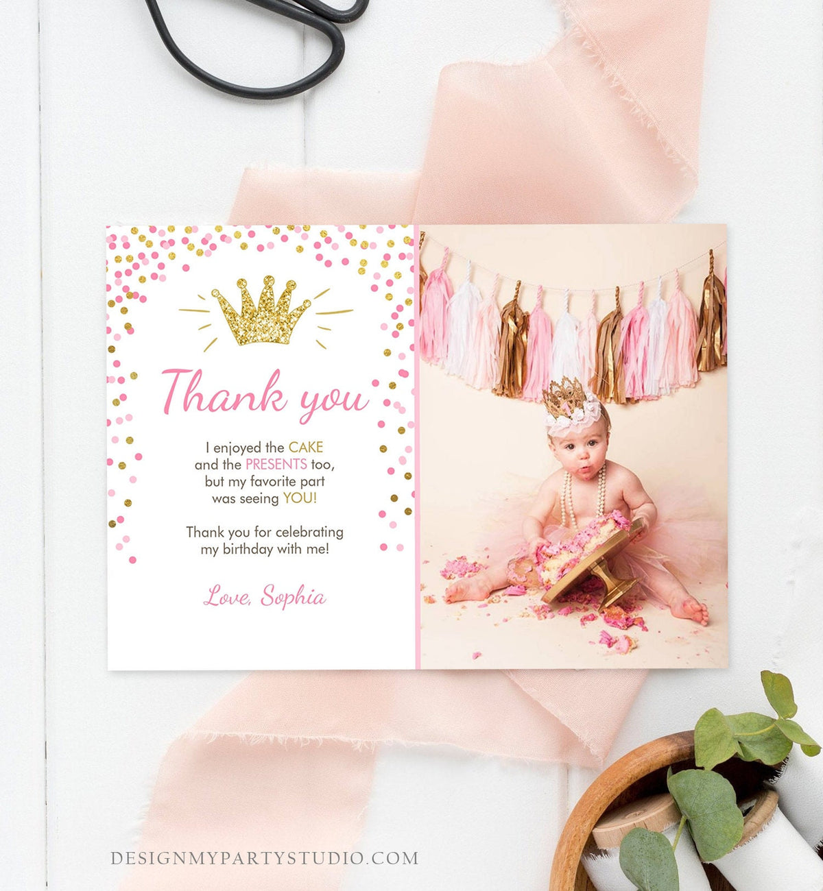 Editable Princess Thank You Card Girl Pink Gold Crown Birthday Thank You Note Royal First Birthday Digital Corjl Template Printable 0047