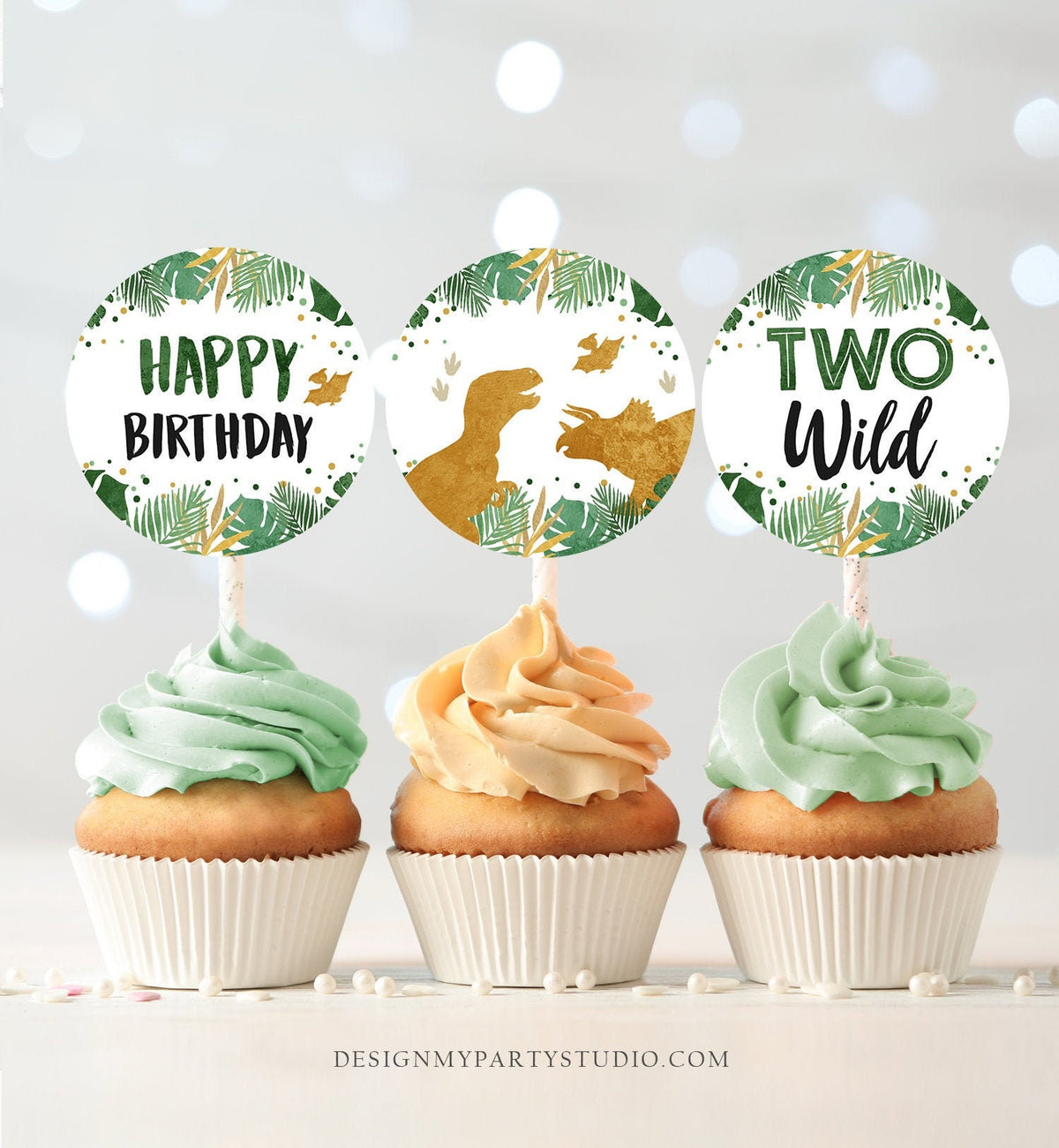 Two Wild Cupcake Toppers Dinosaur Favor Tags Dino Second Birthday Party 2nd Decor T-Rex Boy Stickers Green Gold Download Printable 0146