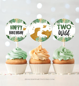 Two Wild Cupcake Toppers Dinosaur Favor Tags Dino Second Birthday Party 2nd Decor T-Rex Boy Stickers Green Gold Download Printable 0146