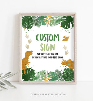 Editable Custom Sign Dinosaurs Dino Sign Birthday Decor Animals Table Sign Green Gold Boy 8x10 T-Rex Party Corjl Template Printable 0146