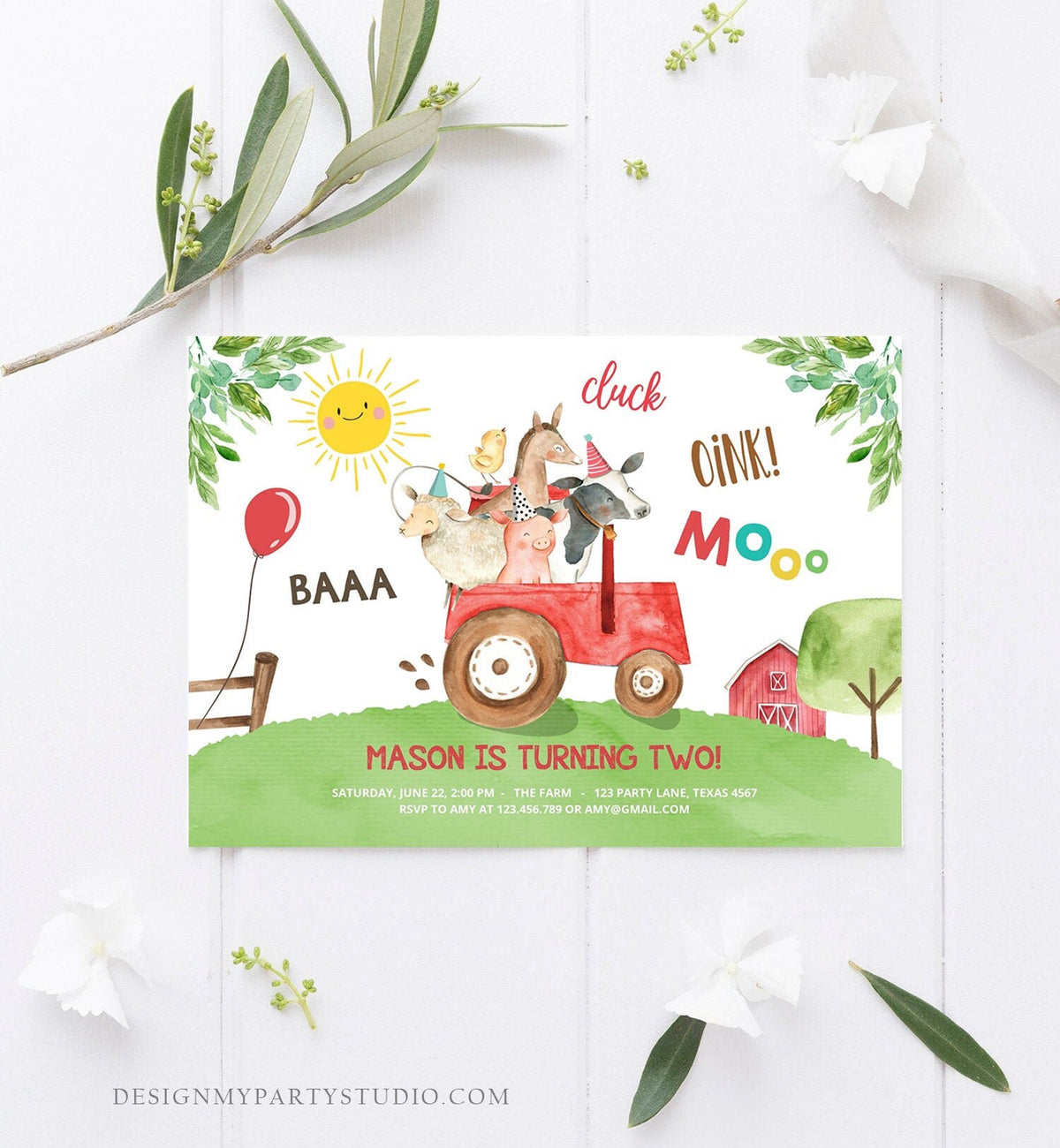 Editable Farm Birthday Invitation Boy Farm Animals Red Tractor Leaves Barnyard Party Cow Pig Download Printable Template Digital Corjl 0155