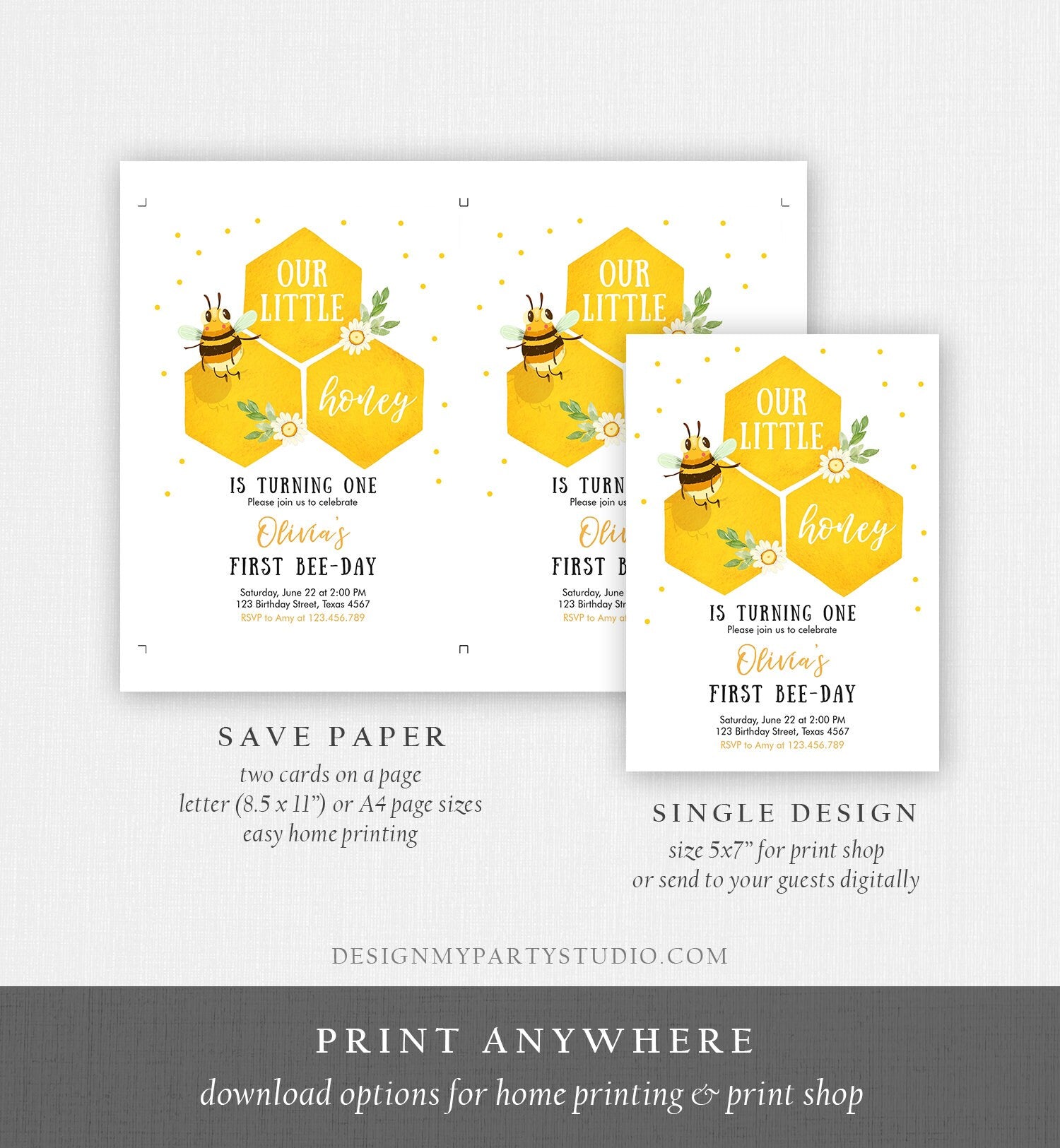 Editable Little Honey Birthday Party Invitation Bee-Day Invite Bee Party Bee Birthday Summer Download Printable Template Digital Corjl 0317