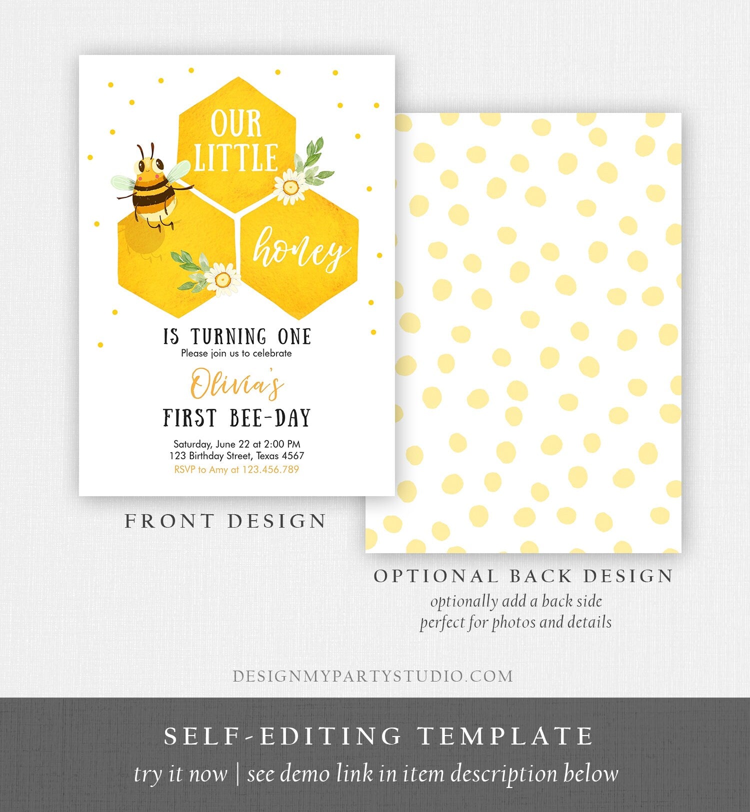 Editable Little Honey Birthday Party Invitation Bee-Day Invite Bee Party Bee Birthday Summer Download Printable Template Digital Corjl 0317