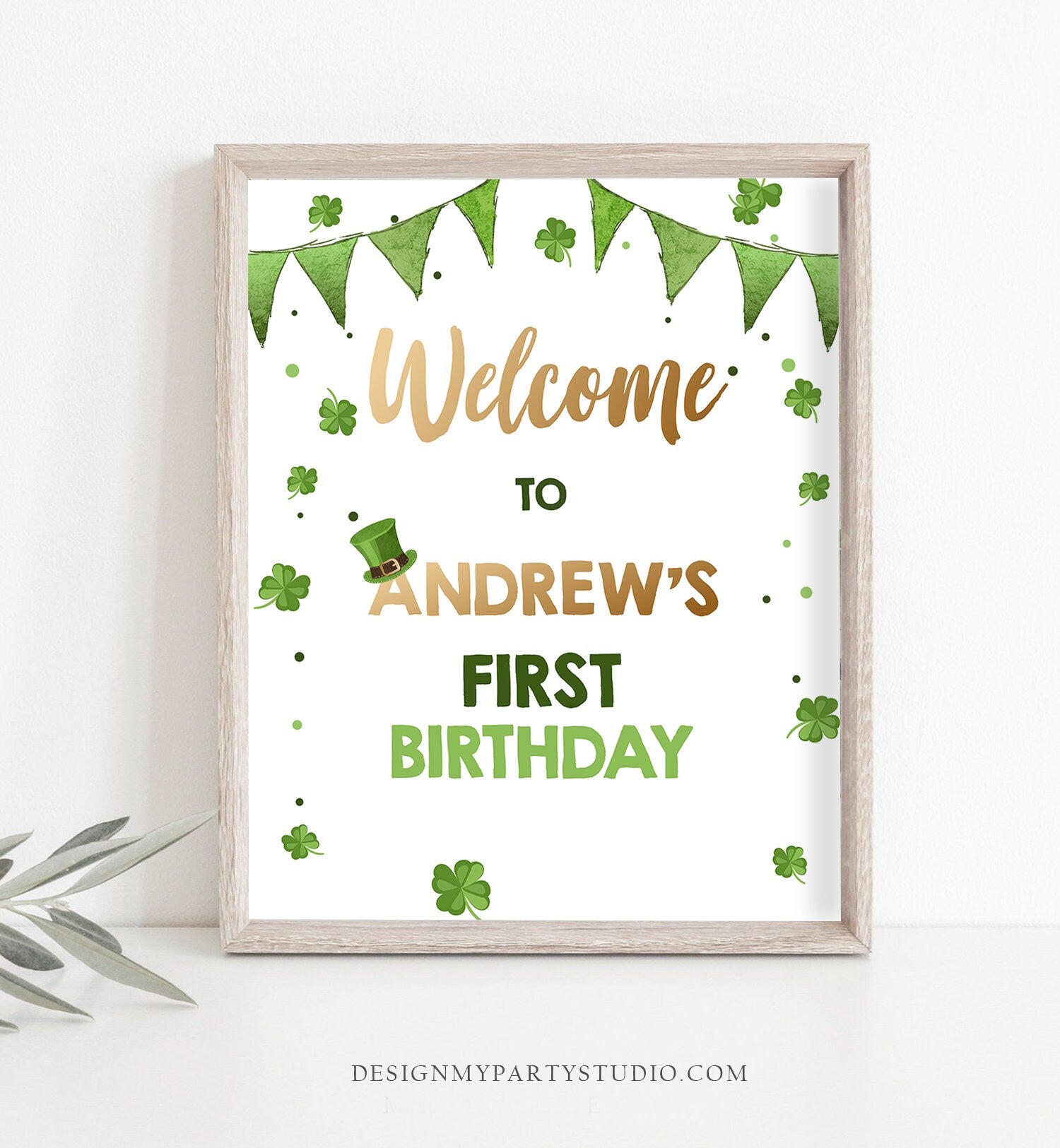 Editable St. Patrick's Day Welcome Sign Boy Green Gold Lucky 1st Birthday Shamrock St Patricks Day Download Corjl Template PRINTABLE 0115