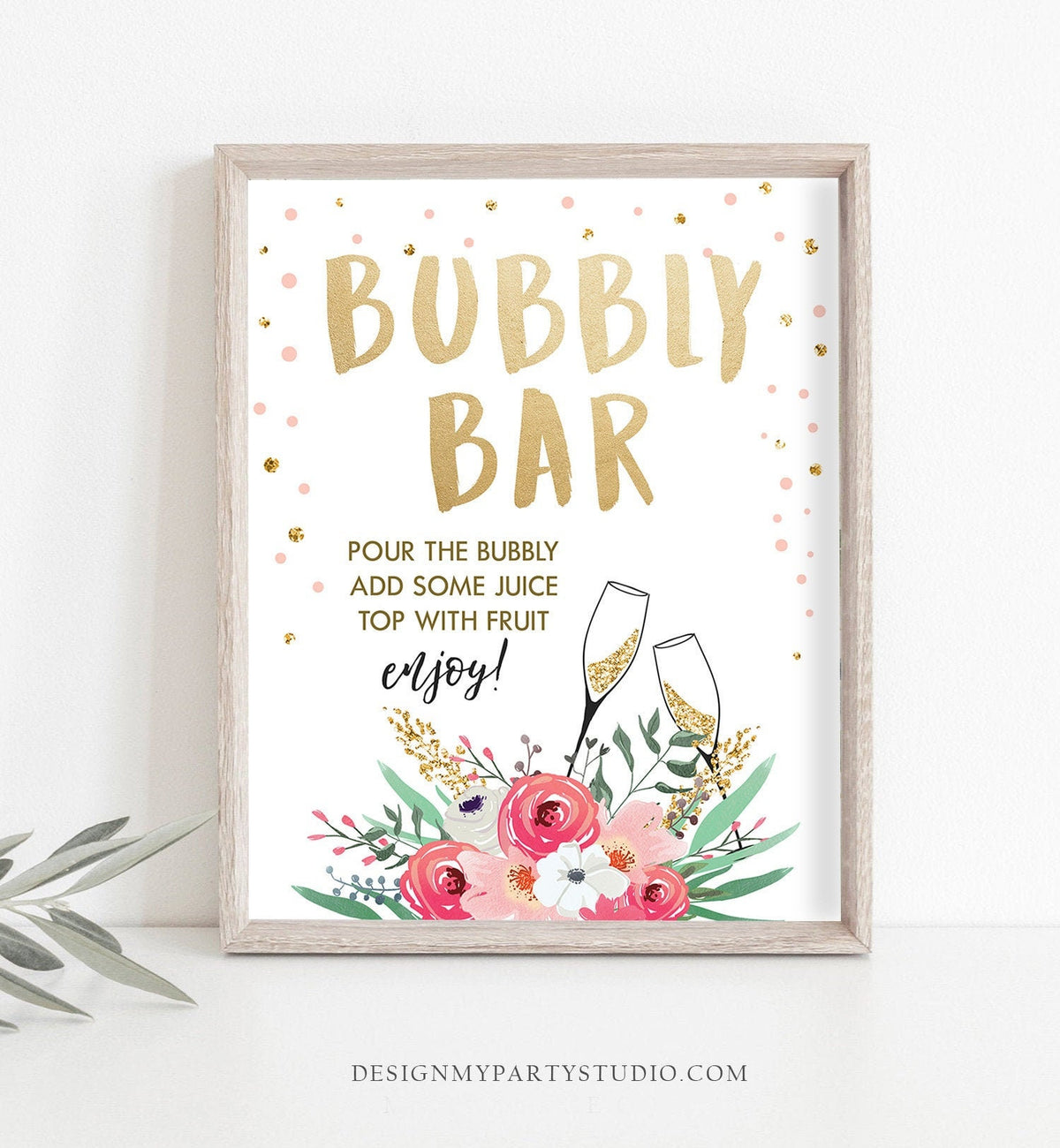 Bubbly Bar Sign Cheers Bridal Shower Wedding Fruit Juice Sign Floral Pink Gold Brunch and Bubbly Bar Sign Instant Download Printable 0318