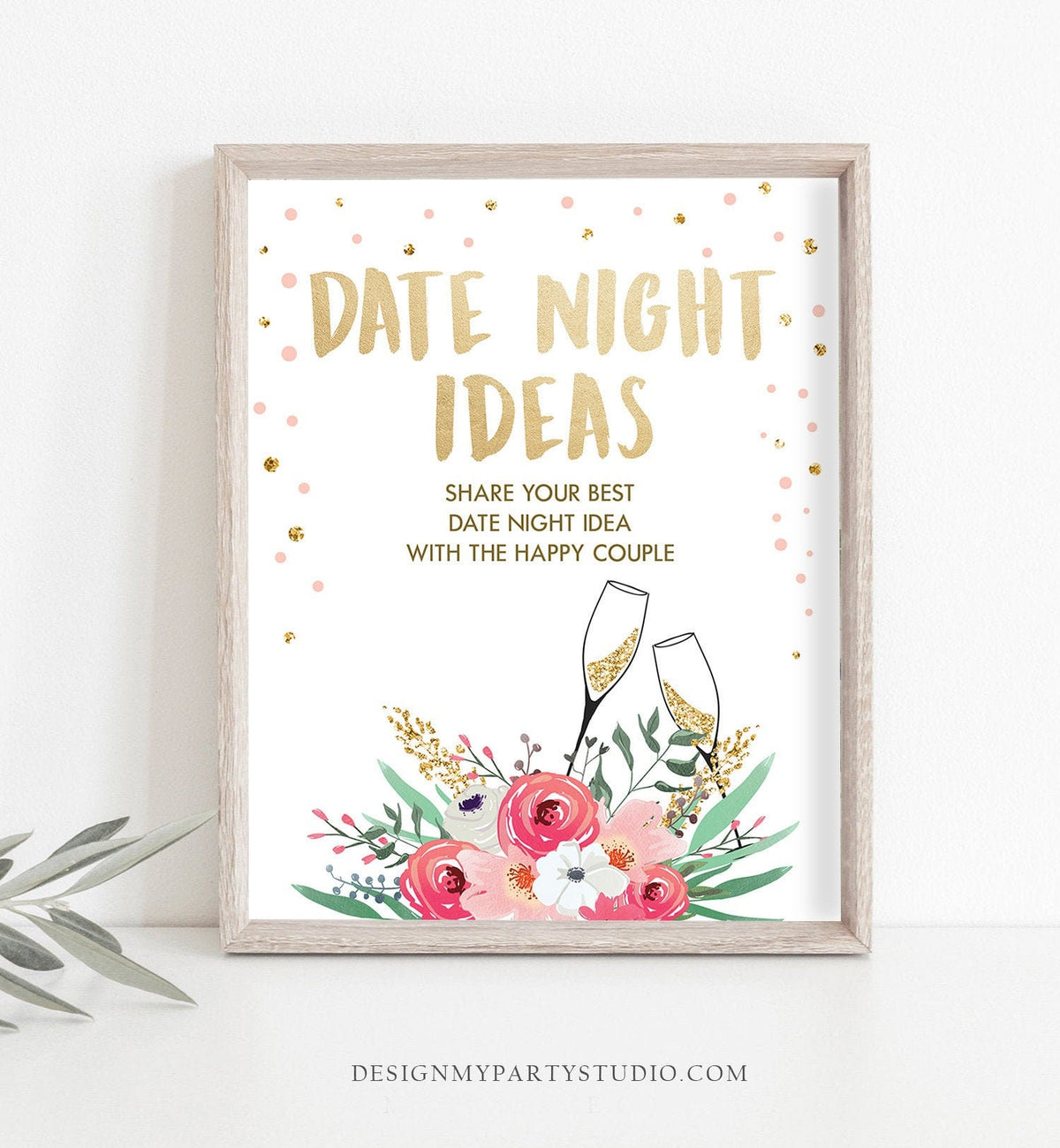 Date Night Ideas Bridal Shower Game Floral Pink Gold Date Jar Sign Date Night Brunch and Bubbly Shower Instant Download Printable 0030 0318