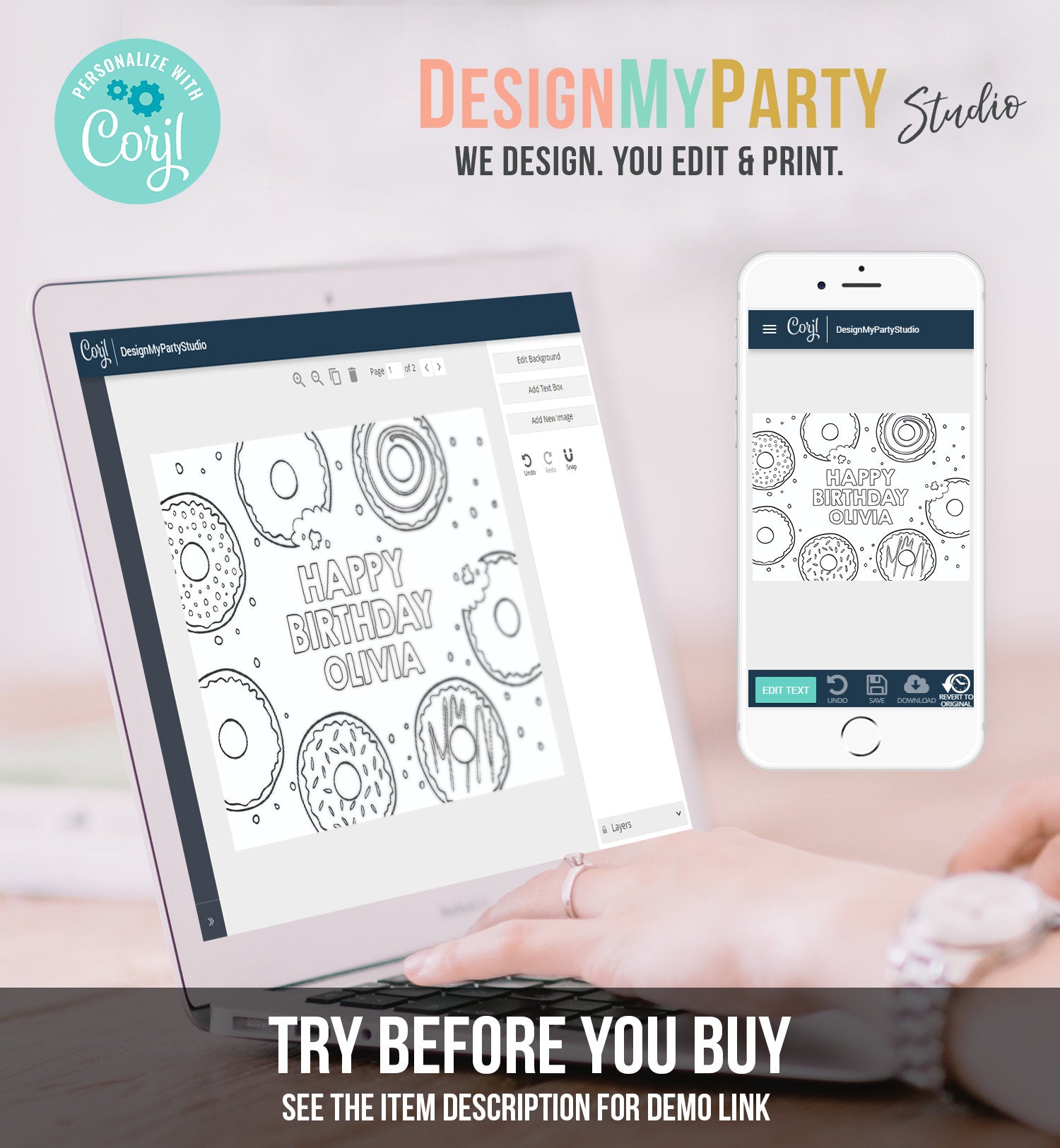 Editable Coloring Page Donut Birthday Party Activity Game Sweet Birthday Donut Grow Up Party Two Sweet Download PRINTABLE Corjl 0050 0320