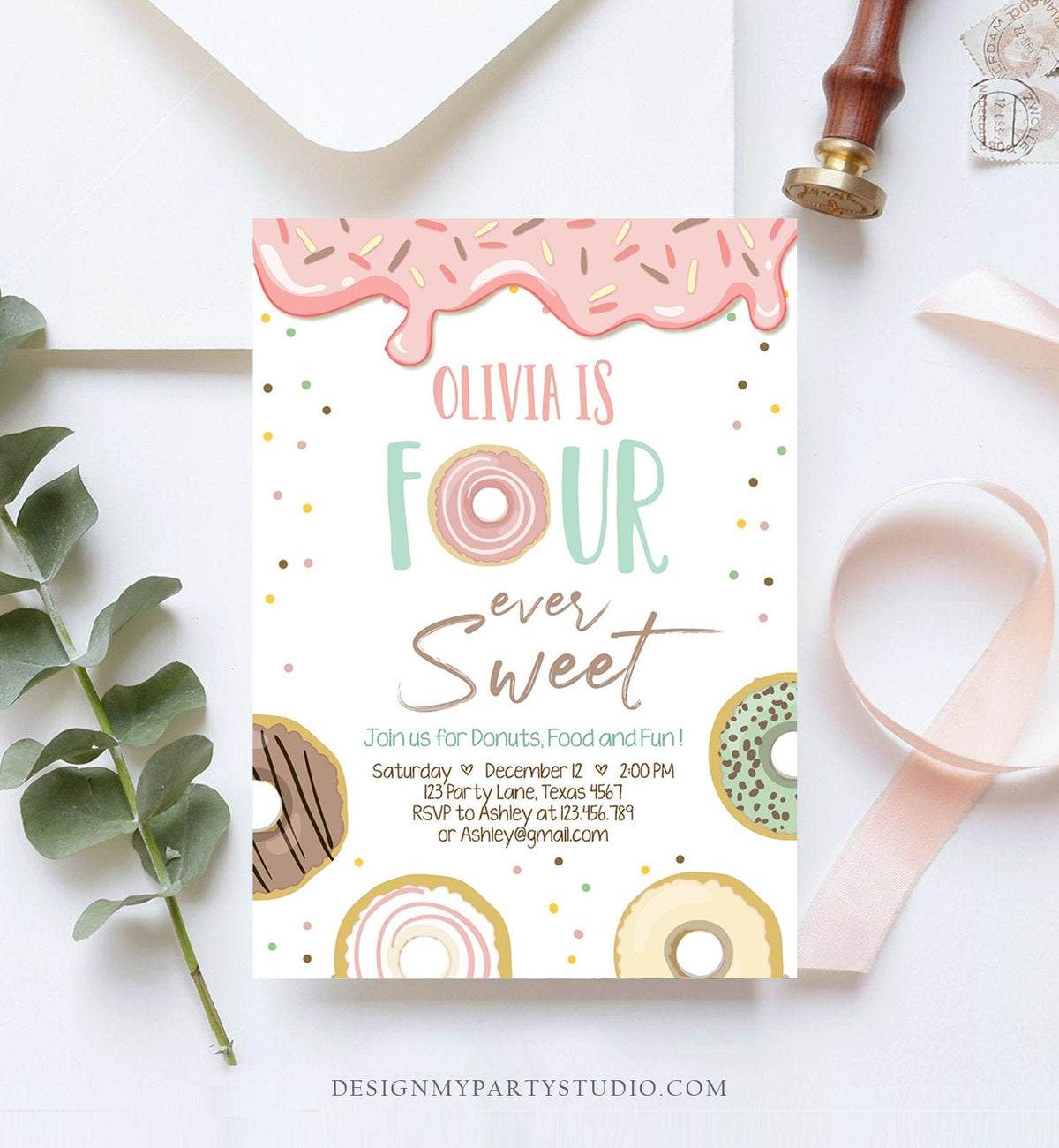 Editable Donut Four Ever Sweet Birthday Invitation 4th Birthday Party Pink Girl Doughnut Four Digital Download Printable Template Corjl 0320