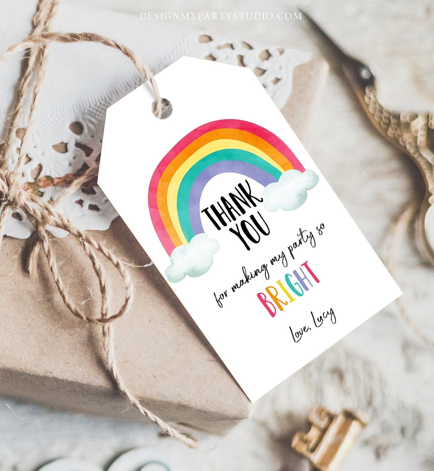 Editable Rainbow Favor Tags Rainbow Birthday Thank you tags Colorful Birthday Tags Girl Boy Neutral Colors Template PRINTABLE Corjl 0272