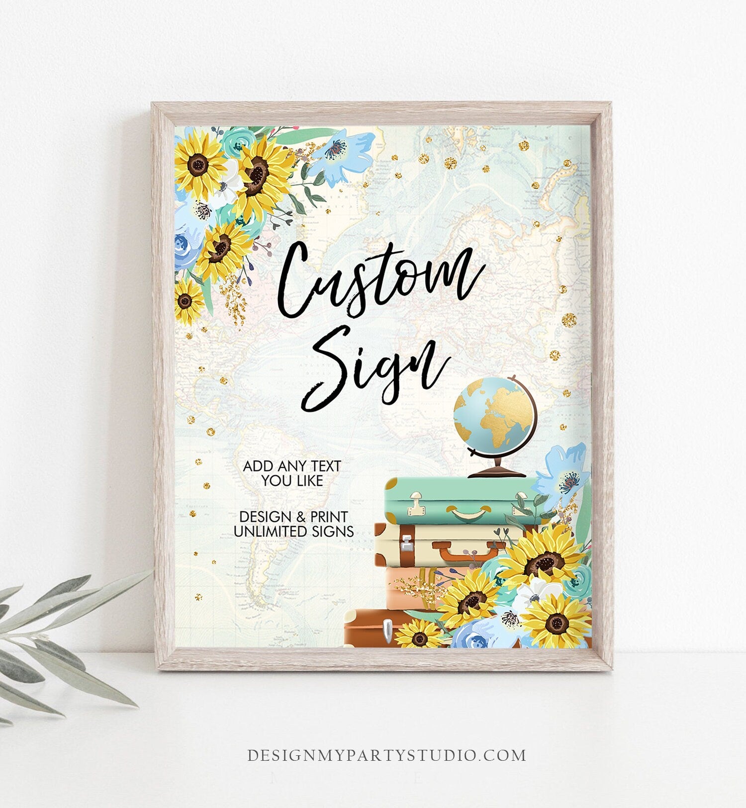 Editable Custom Sign Floral Travel Adventure Sunflowers Bridal Shower Traveling Blue Gold Confetti Download Corjl Template Printable 0030