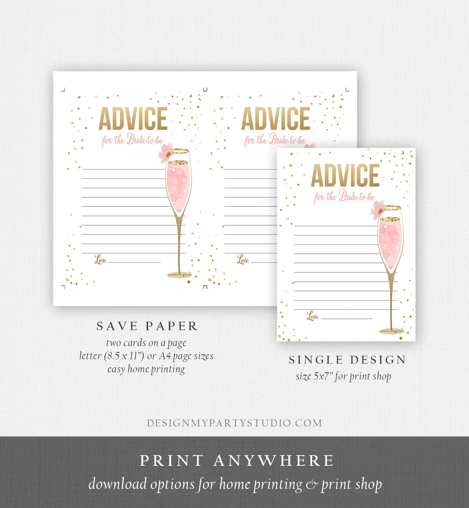 Editable Advice for the Bride to Be Brunch and Bubbly Bridal Shower Game Words of Wisdom Champagne Pink Floral Corjl Template Printable 0150