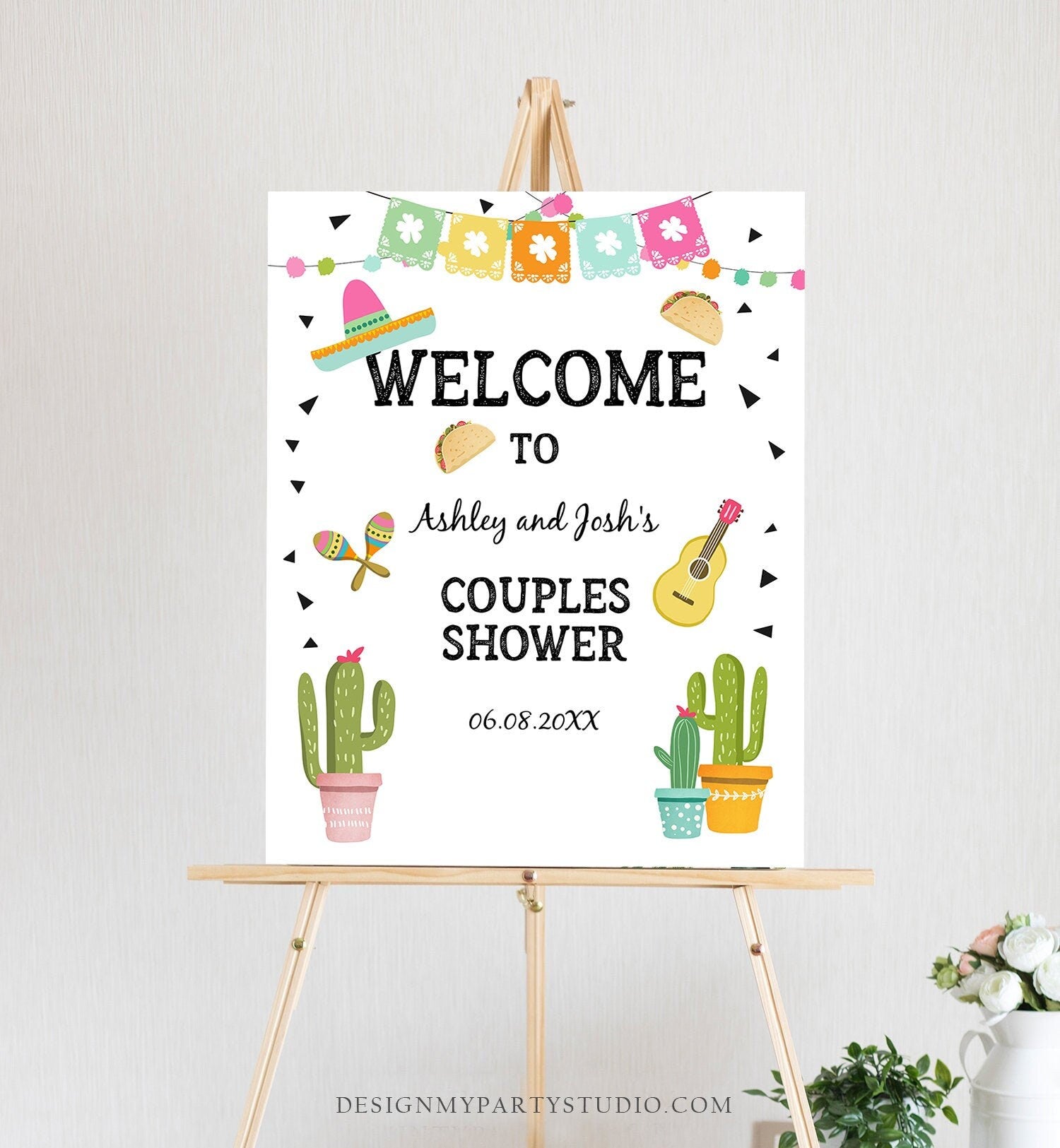 Editable Fiesta Cactus Welcome Sign Couples Shower Welcome Cactus Mexican Succulent Taco Bout Love Succulent Corjl Template Printable 0161