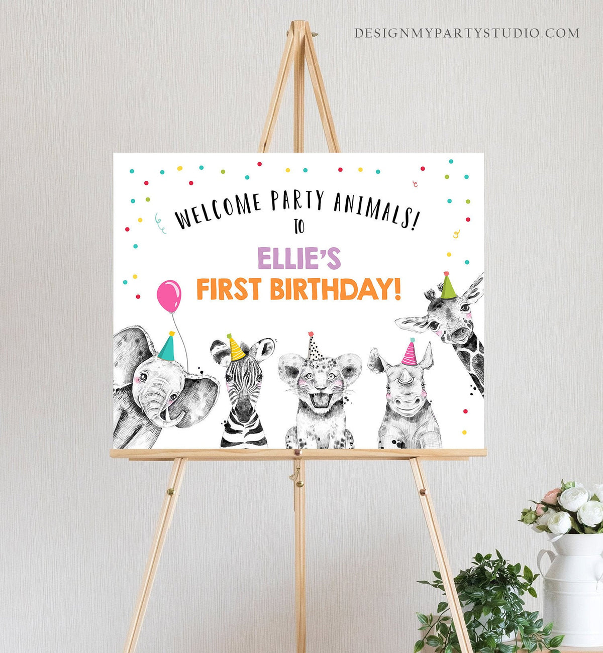 Editable Party Animals Welcome Sign Safari Animals Sign Zoo Party Decor Poster Girl Birthday Digital Download Template Printable 0390