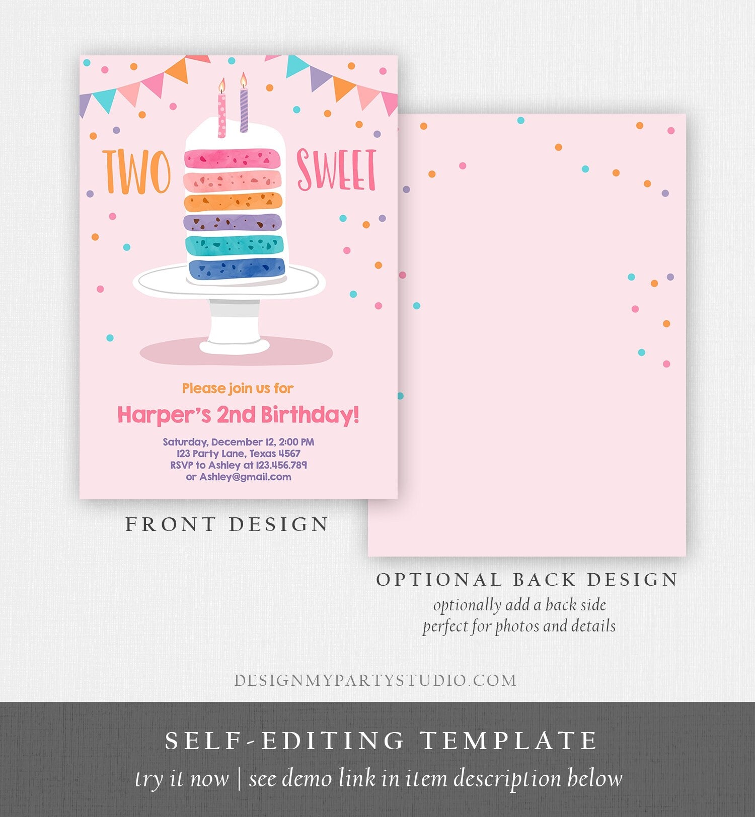 Editable Two Sweet Birthday Invitation Girl Rainbow Cake Invite Girls 2nd Birthday Pink Download Printable Invitation Template Corjl 0121