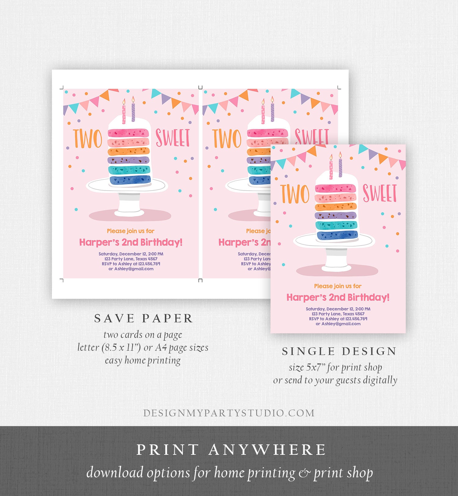 Editable Two Sweet Birthday Invitation Girl Rainbow Cake Invite Girls 2nd Birthday Pink Download Printable Invitation Template Corjl 0121