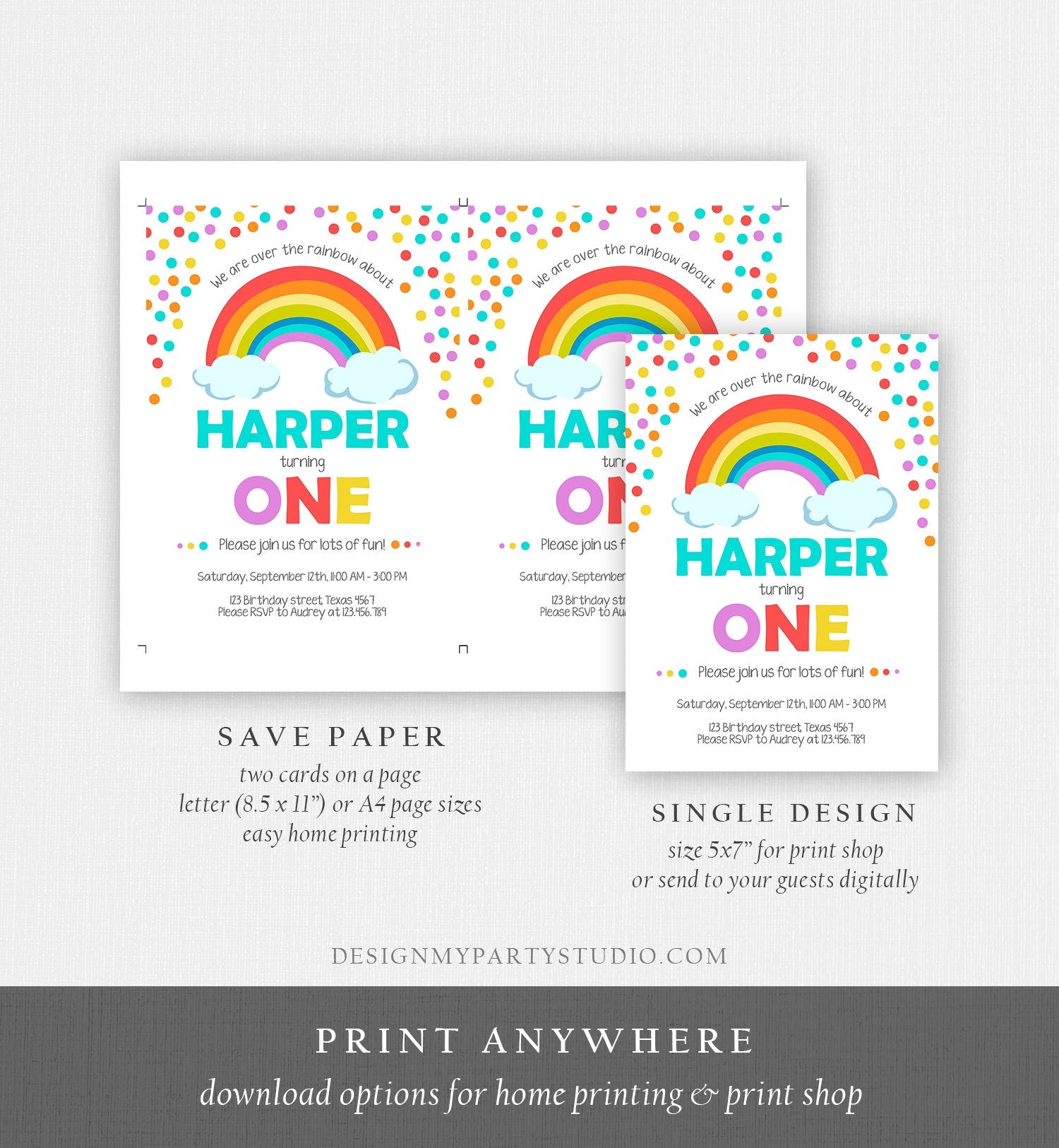 Editable Rainbow Birthday Invitation Kids Girl Boy Neutral Party Clouds Colorful Rainbow Colors Printable Corjl Template Digital 0106