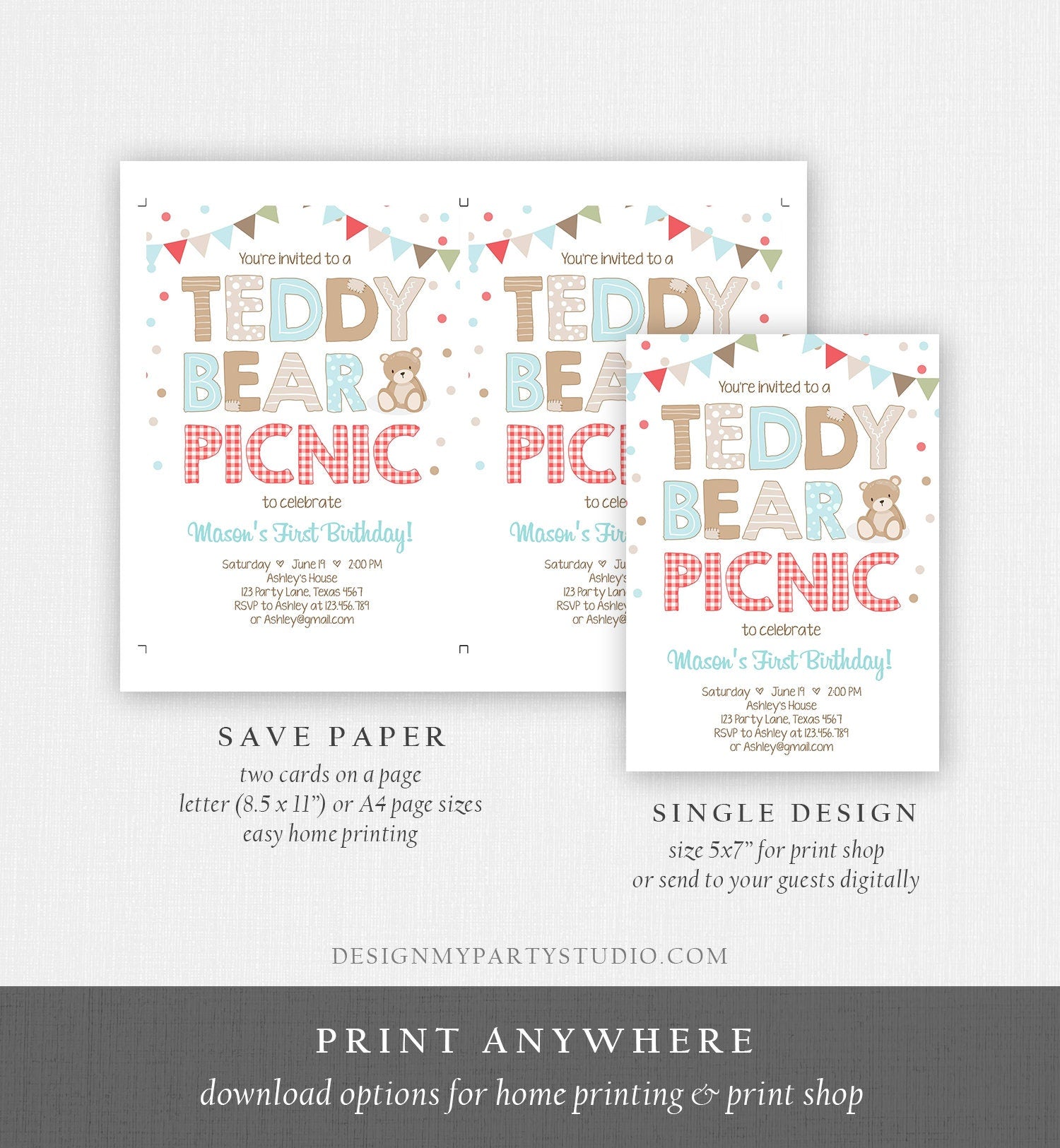 Editable Teddy Bear Picnic Birthday Invitation Boy Blue Brown Red Gingham Bear Picnic Outdoor First Birthday Digital Corjl Template 0100