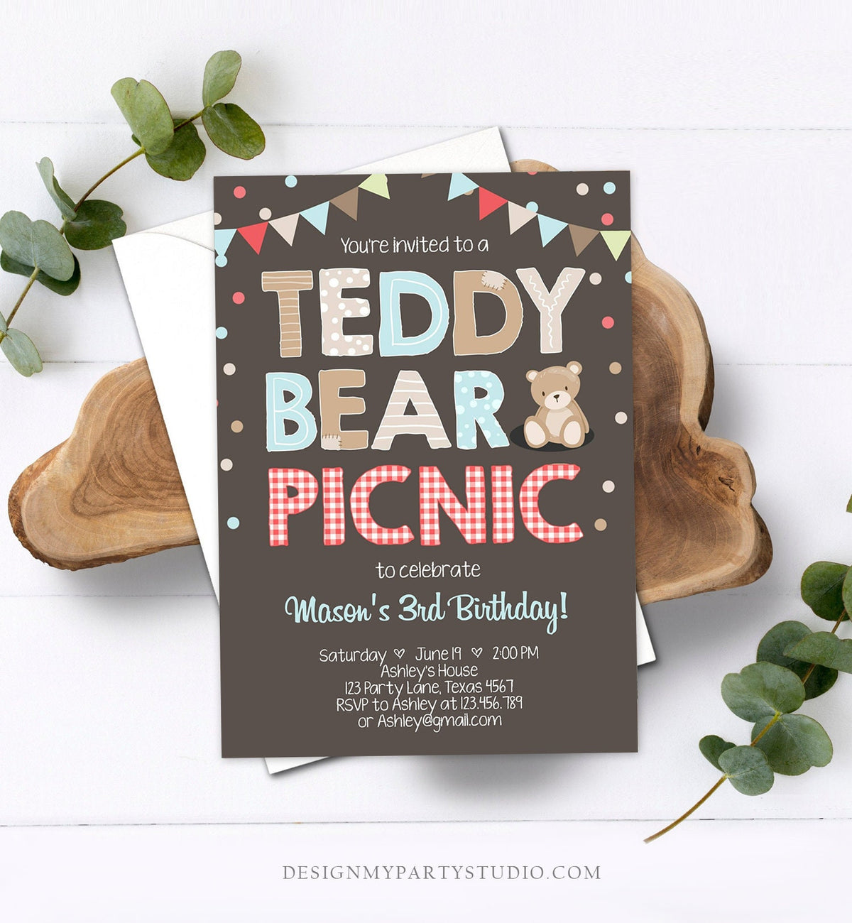 Editable Teddy Bear Picnic Birthday Invitation Boy Blue Brown Red Gingham Bear Picnic Outdoor First Birthday Digital Corjl Template 0100