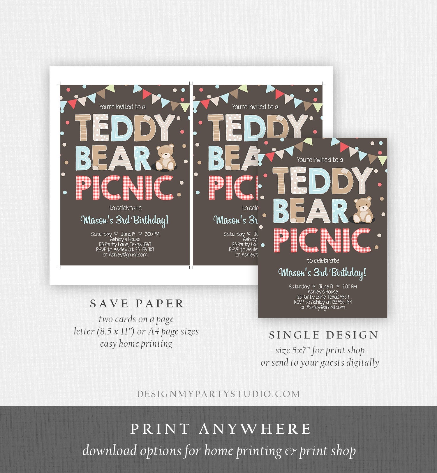 Editable Teddy Bear Picnic Birthday Invitation Boy Blue Brown Red Gingham Bear Picnic Outdoor First Birthday Digital Corjl Template 0100