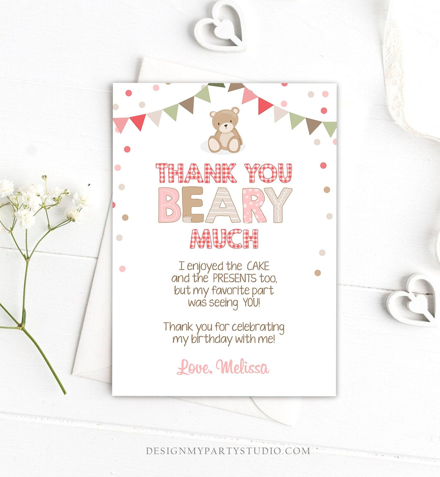 Editable Teddy Bear Thank You Card Birthday Picnic Beary Much Girl Pink Gingham Woodland Digital Download Template Printable 0100