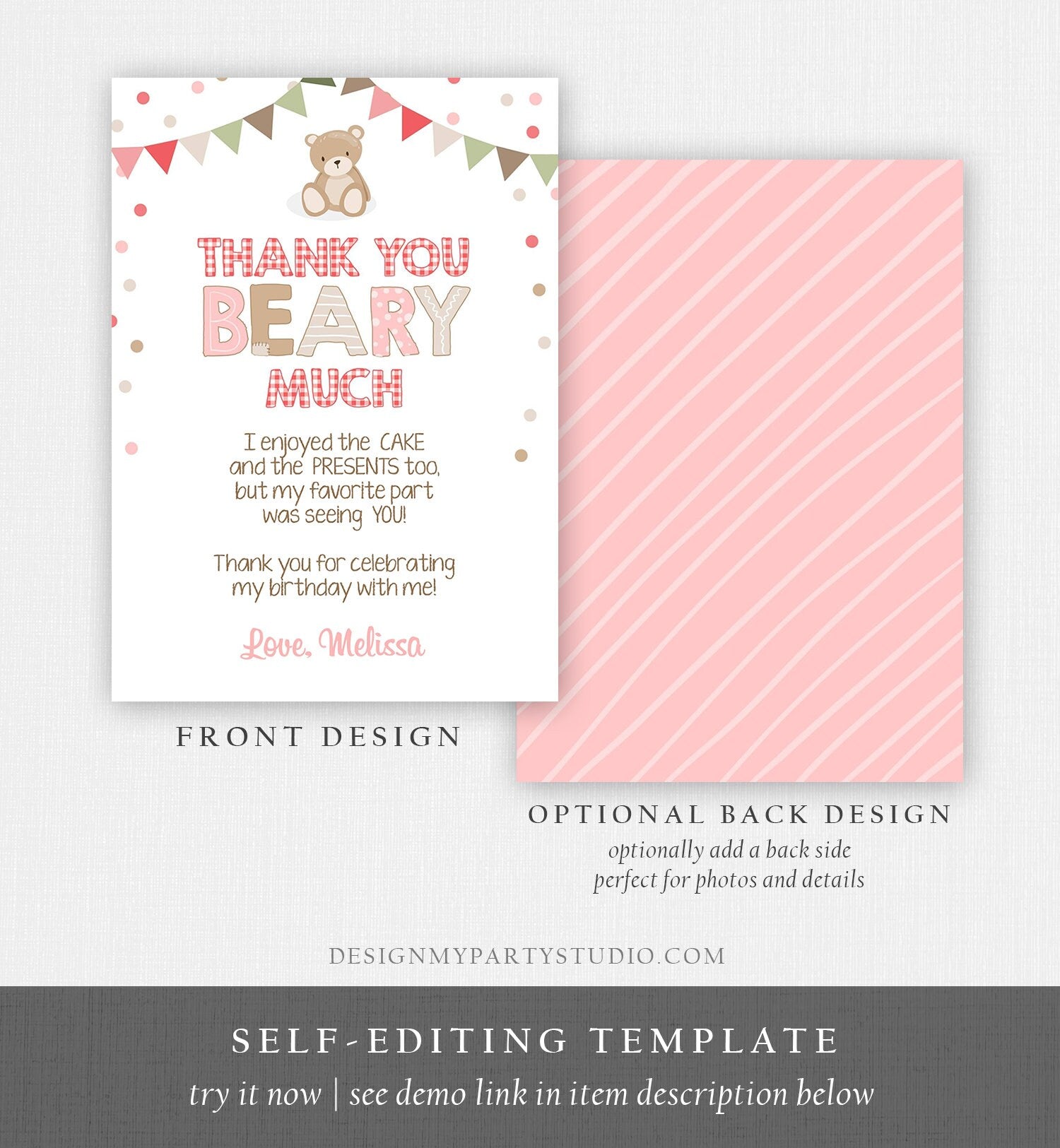 Editable Teddy Bear Thank You Card Birthday Picnic Beary Much Girl Pink Gingham Woodland Digital Download Template Printable 0100