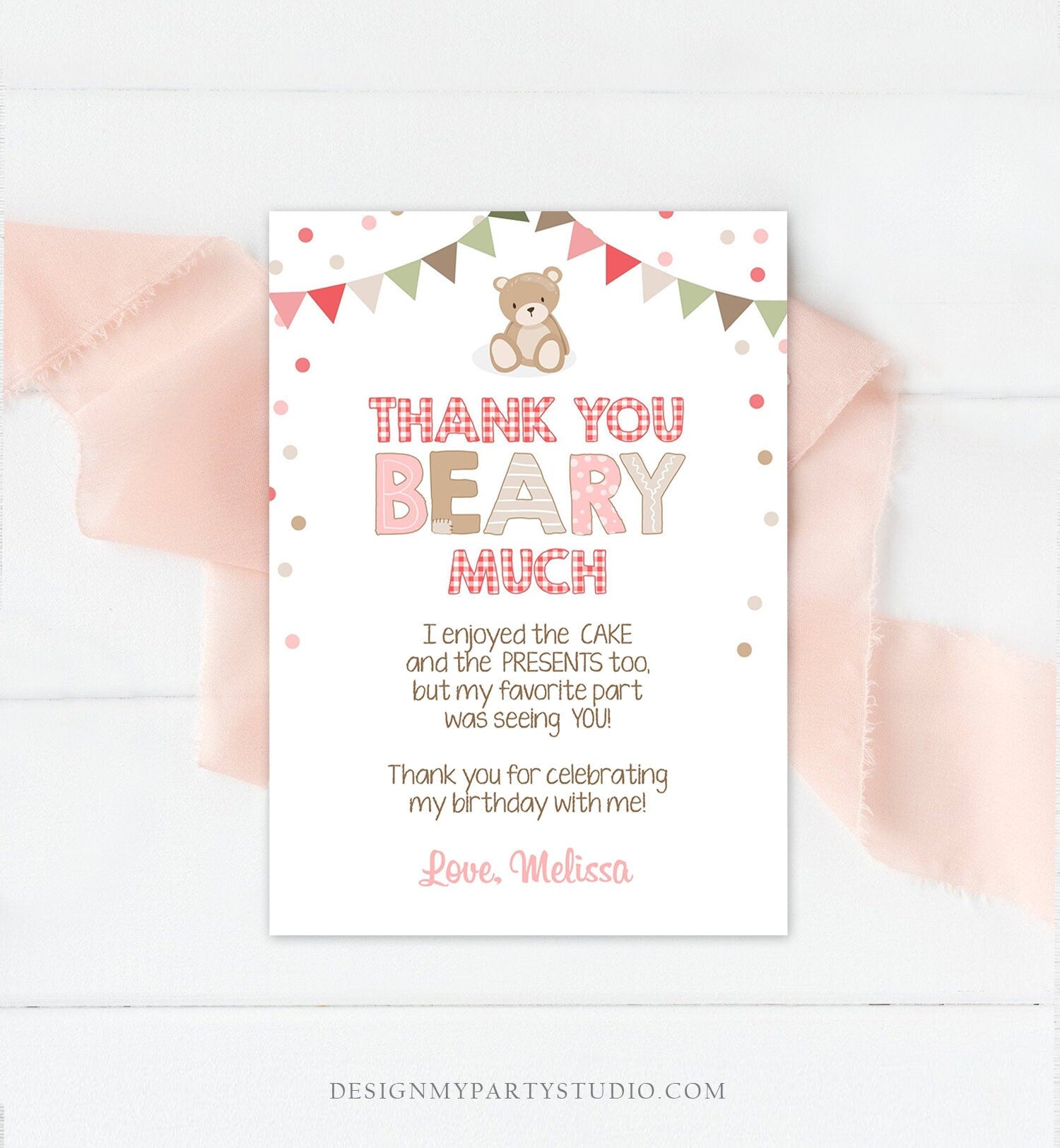 Editable Teddy Bear Thank You Card Birthday Picnic Beary Much Girl Pink Gingham Woodland Digital Download Template Printable 0100