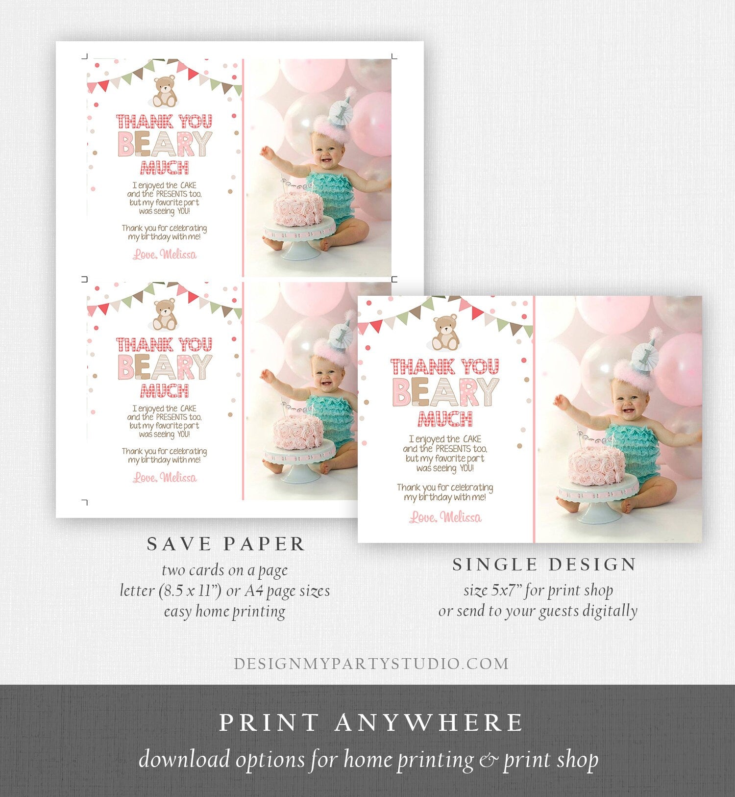 Editable Teddy Bear Thank You Card Birthday Picnic Beary Much Girl Pink Confetti Download Printable Thank You Template Digital Corjl 0100