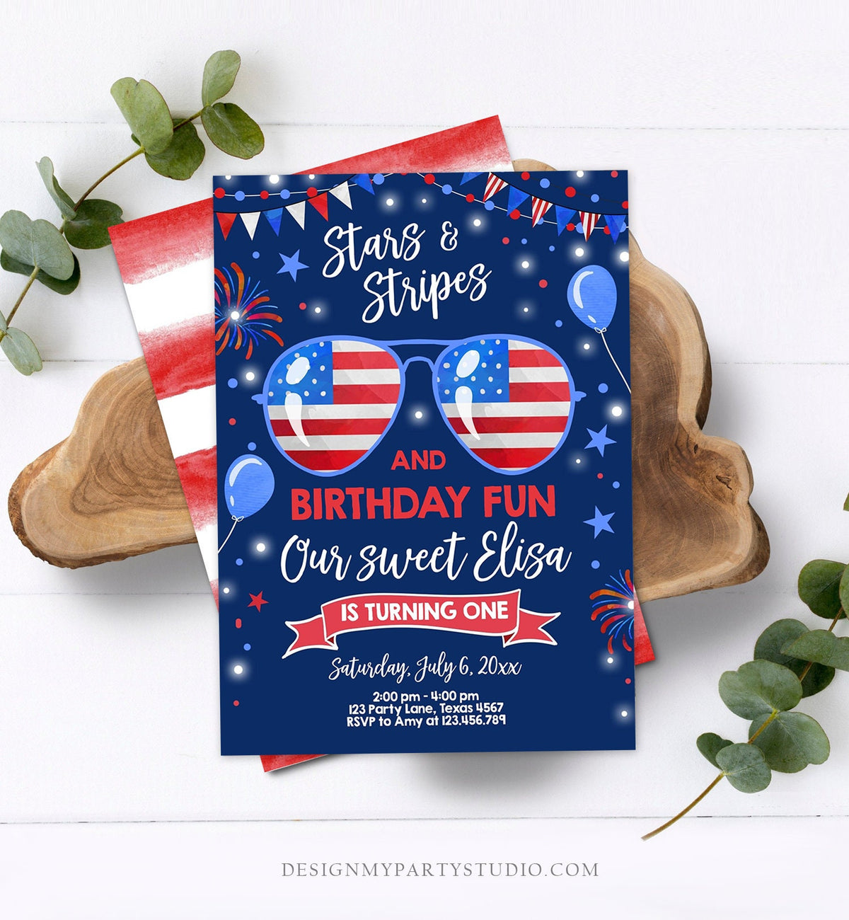 Editable Memorial Day Birthday Invitation 4th of July Little Firecracker Stars and Stripes Red White Blue Template Corjl Digital 0122