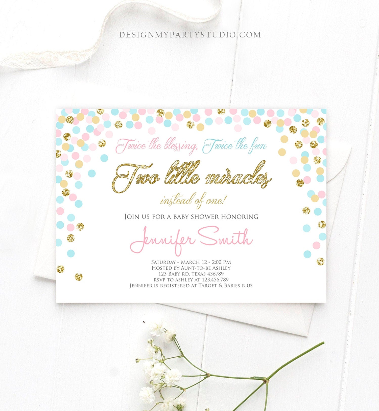 Editable Twins Baby Shower Invitation Twin Girls Blush Pink and Blue Gold Confetti Boy Girl Shower Invite Template Download Corjl 0133