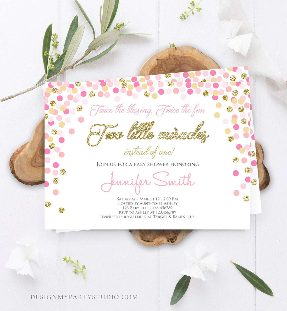 Editable Twin Girls Baby Shower Invitation Twin Girls Blush Pink and Blue Gold Confetti Boy Girl Shower Invite Template Download Corjl 0133