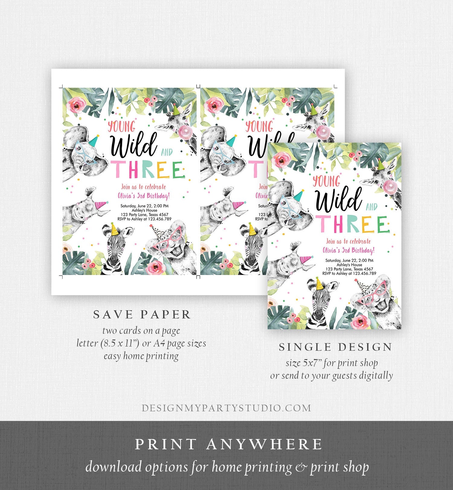 Editable Young Wild and Three Invitation Girl Pink and Gold Safari Animals Zoo Instant Download Printable Template Digital Corjl 0322