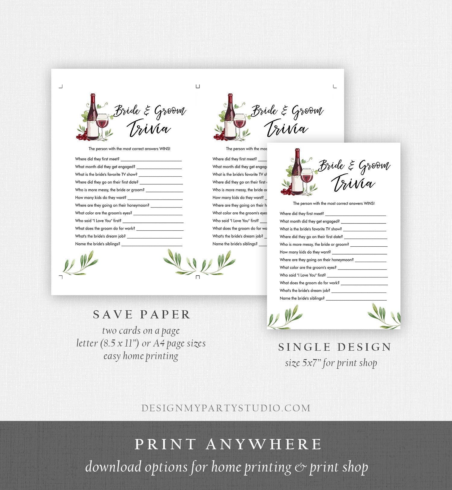 Editable Bride and Groom Trivia Bridal Shower Game Wine Tasting Vineyard Grapes Wedding Shower Activity Corjl Template Printable 0234