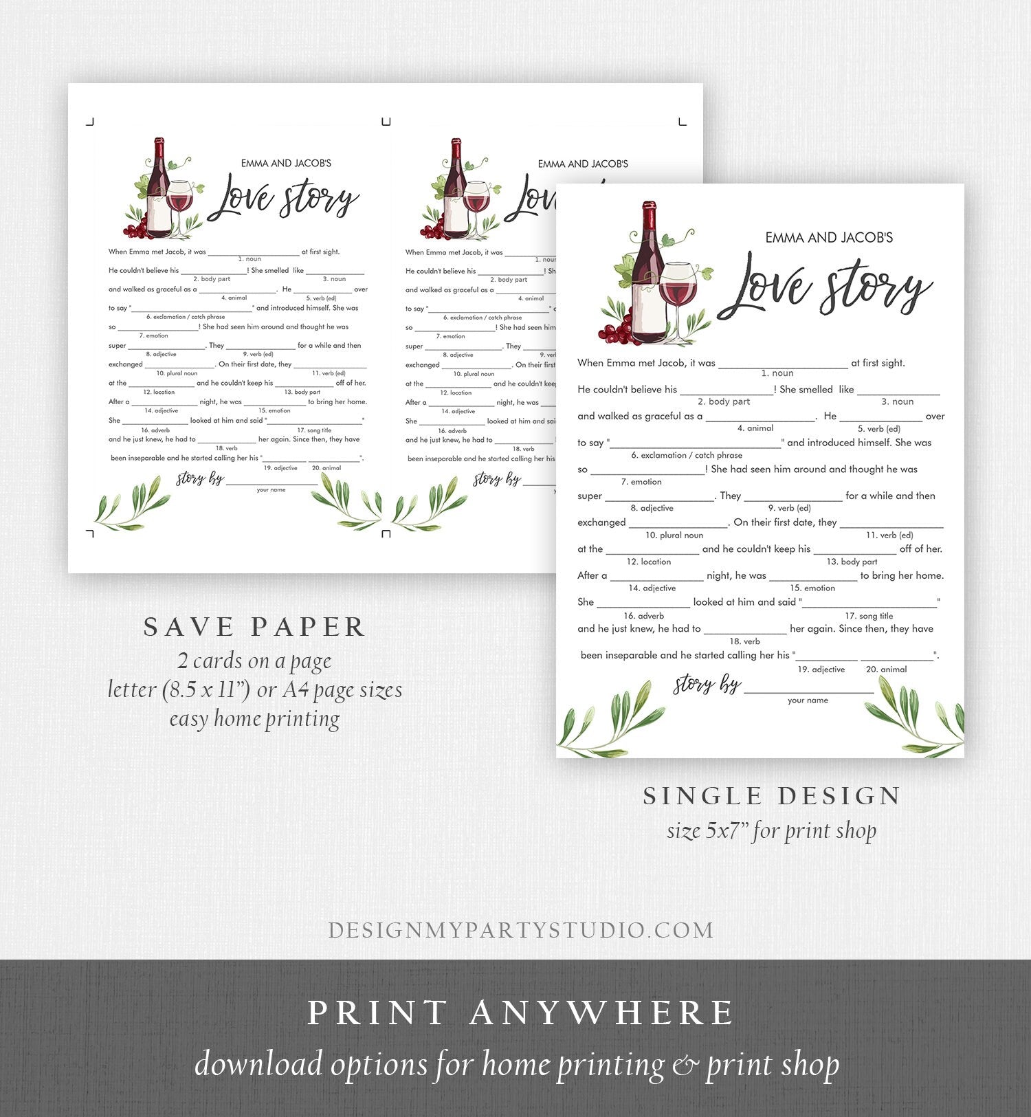 Editable Love Story Bridal Shower Game Wine Tasting Vineyard Grapes Wedding Shower Activity Funny Download Corjl Template Printable 0234