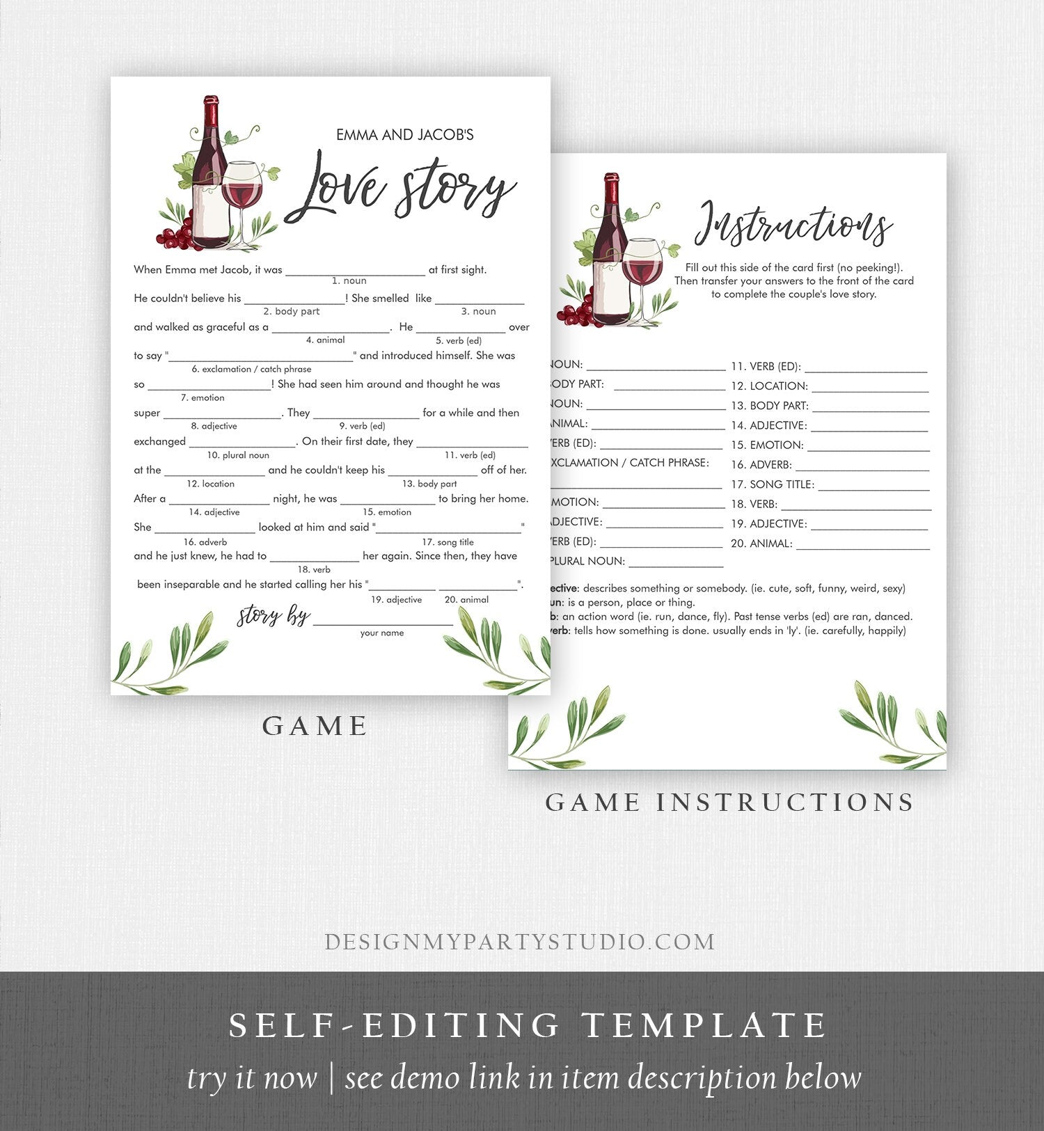 Editable Love Story Bridal Shower Game Wine Tasting Vineyard Grapes Wedding Shower Activity Funny Download Corjl Template Printable 0234