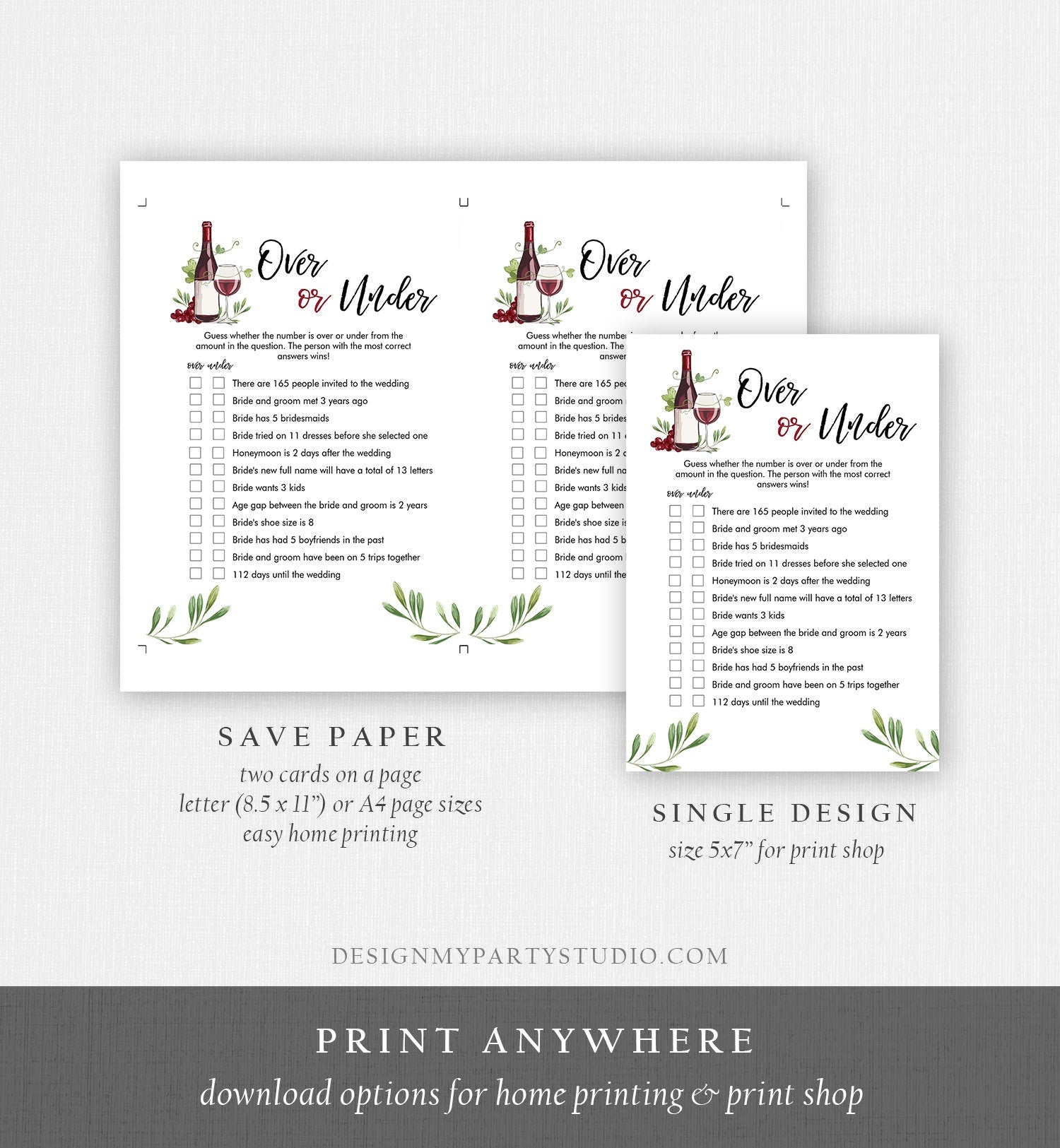 Editable Over or Under Bridal Shower Game Wine Tasting Vineyard Grapes Wedding Shower Activity Download Corjl Template Printable 0234